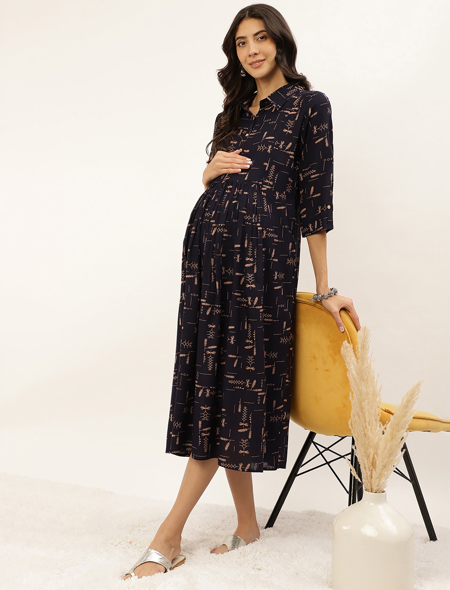 Navy Golden Printed Cotton Maternity Gown