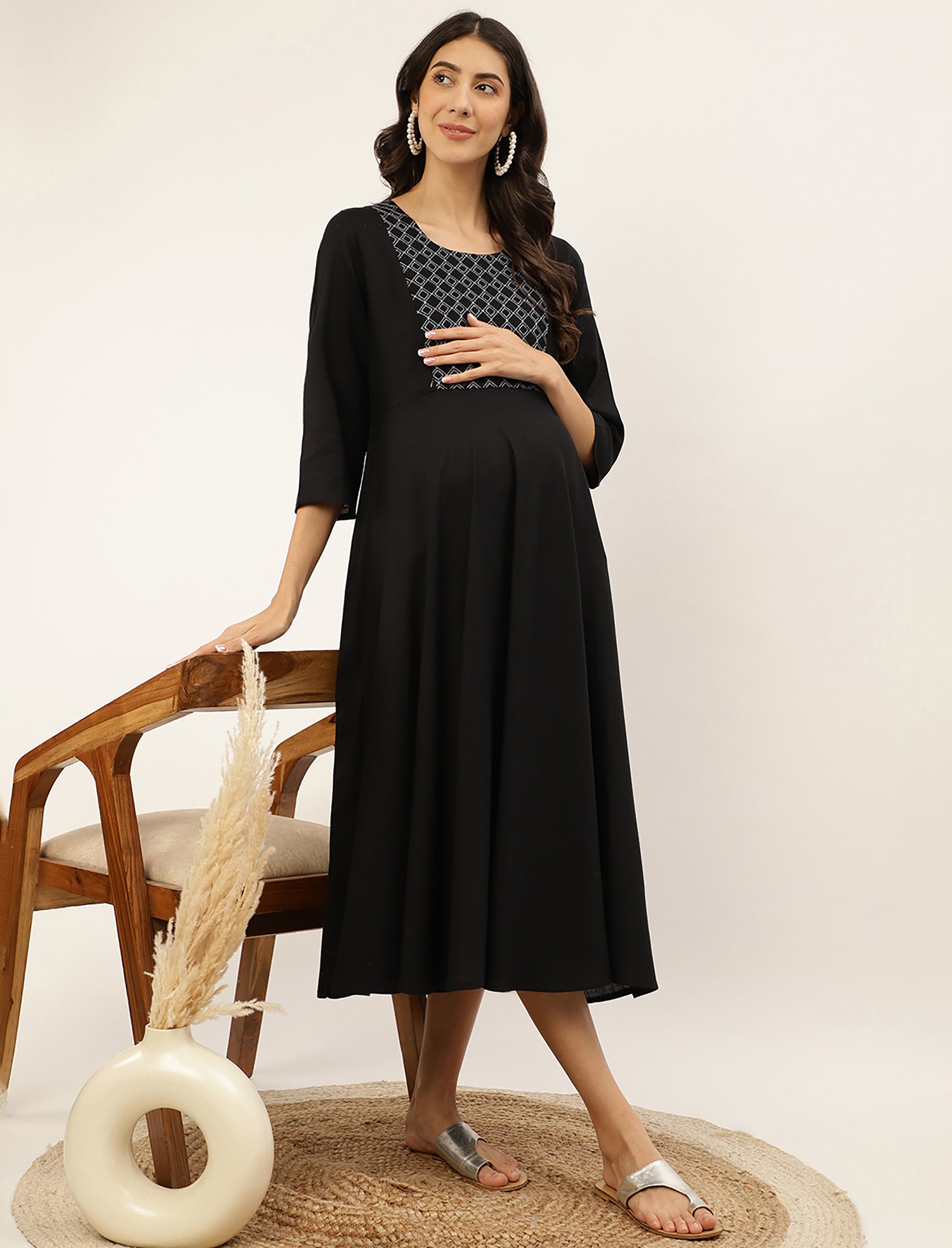 Solid Black Cotton Printed Feeding Dress