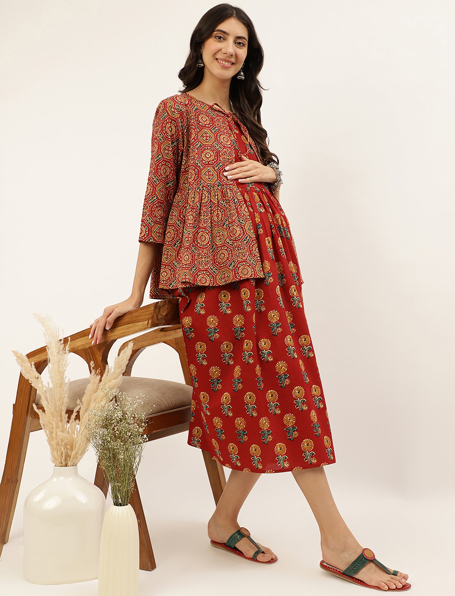 Red Butta Printed Cotton Maternity Gown With Jacket