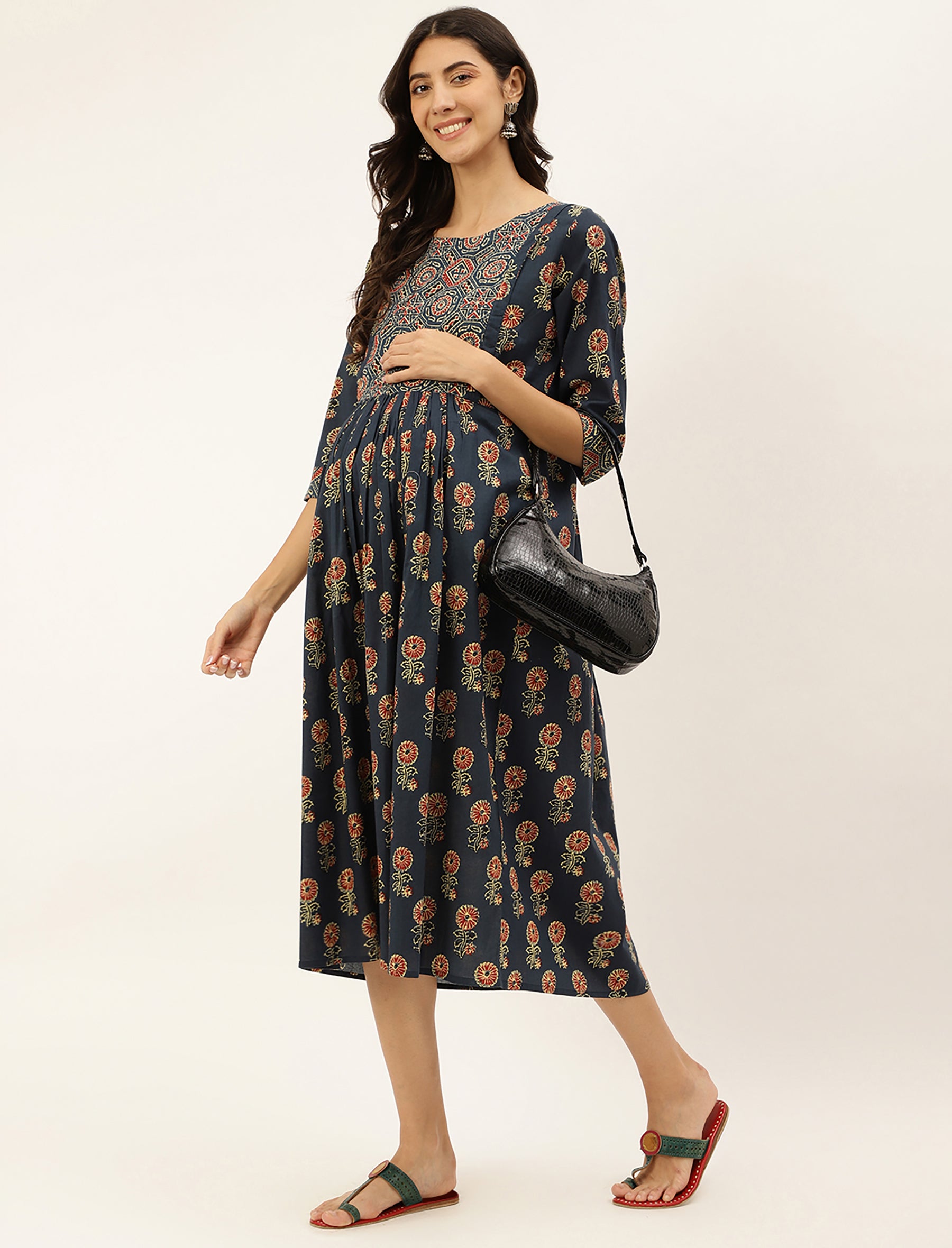 Navy Flower Butta Printed Cotton Feeding Gown