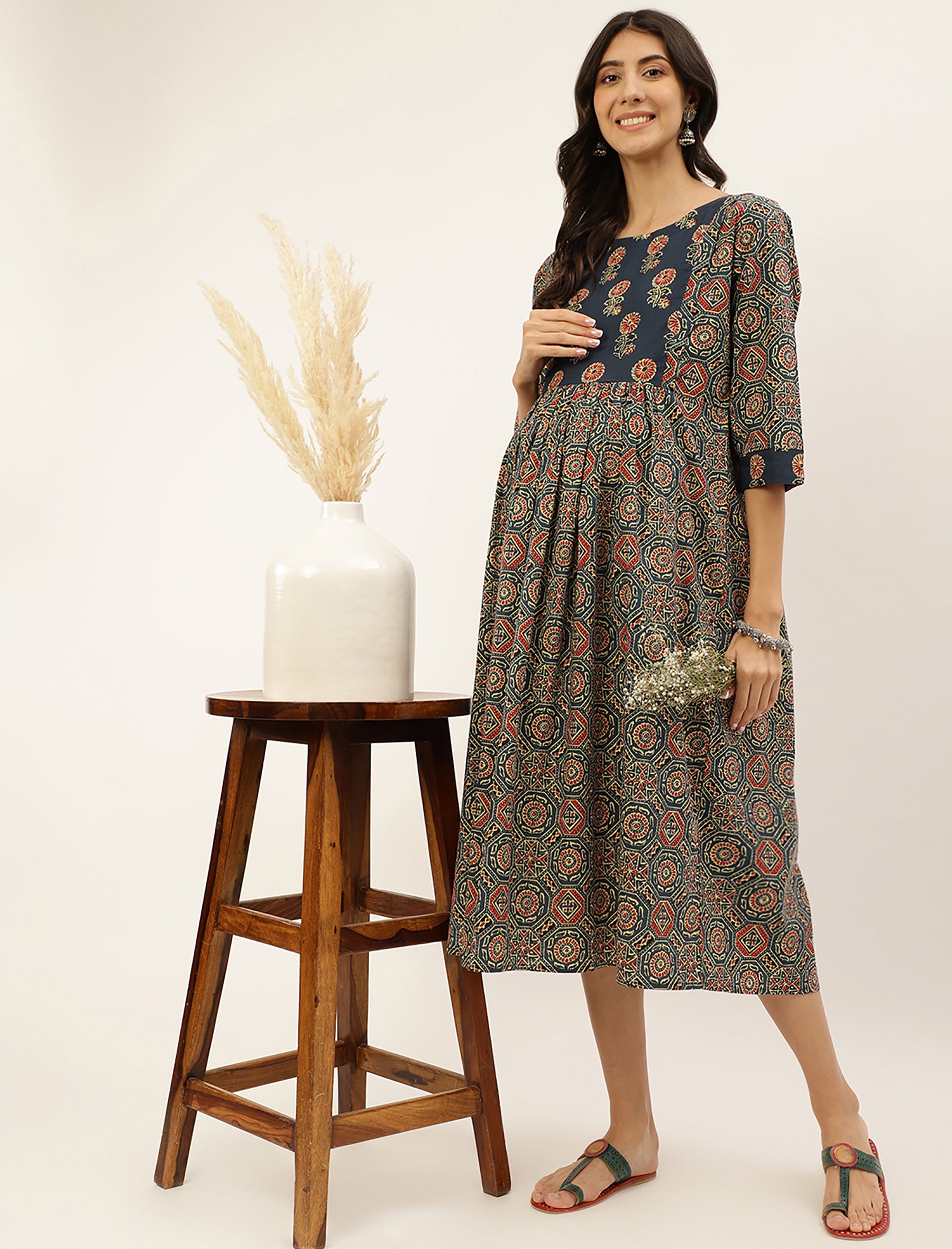 Navy Ajrakh Printed Cotton Maternity/Feeding Gown