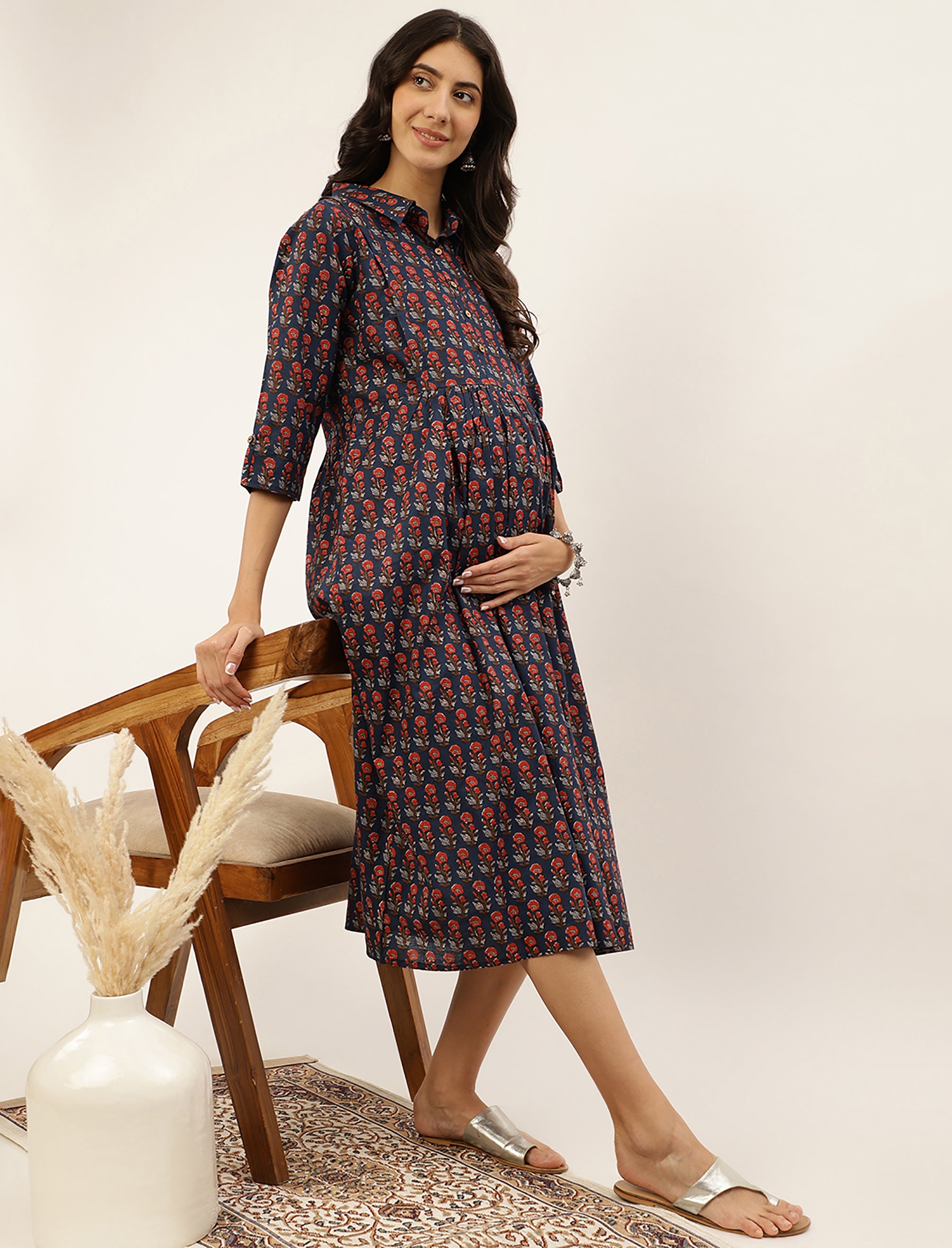 Navy Red Flower Printed Cotton Maternity Gown