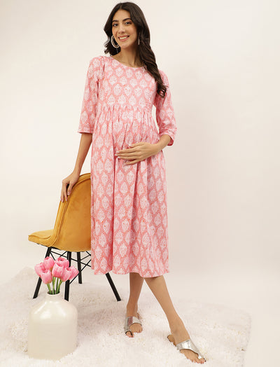 Baby Pink Butta Printed Cotton Maternity/Feeding Gown