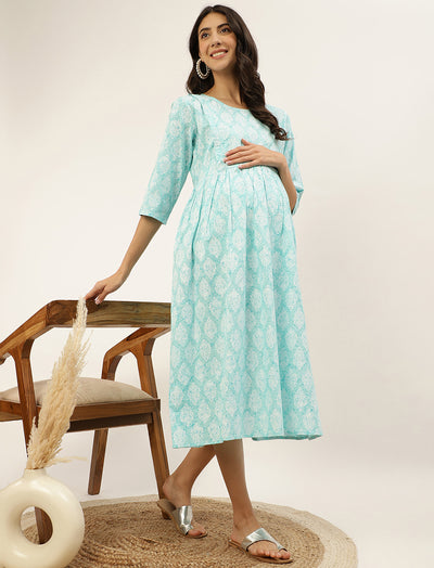 Firozi Butta Printed Cotton Maternity/Feeding Gown