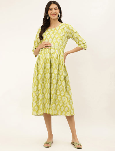 Green Butta Printed Cotton Maternity/Feeding Gown