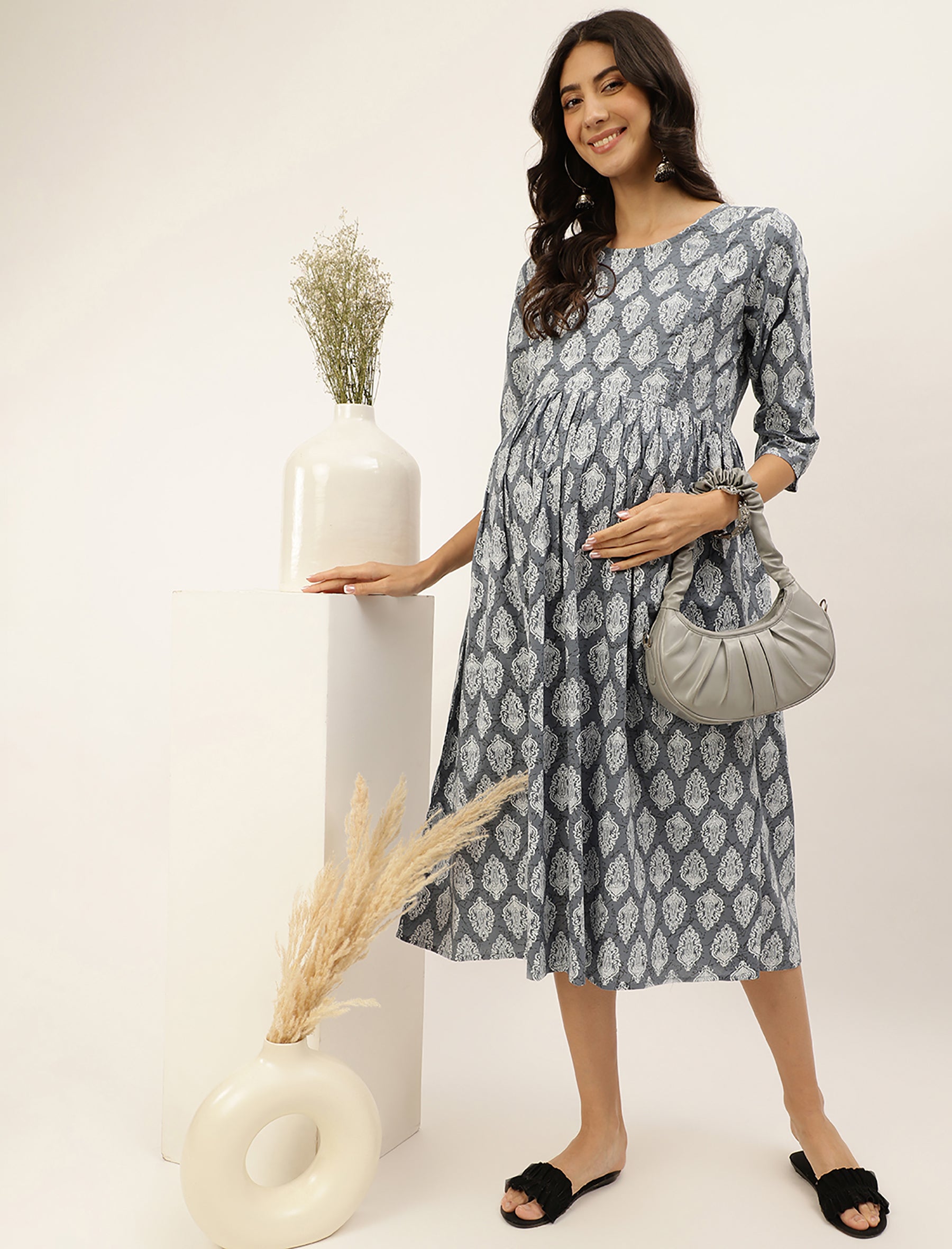 Grey Butta Printed Cotton Maternity/Feeding Gown