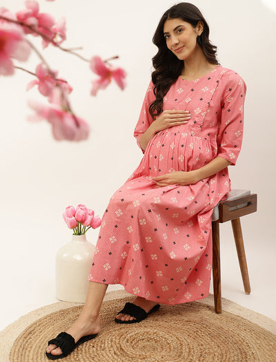 Pink Cotton Printed Maternity/Feeding Gown