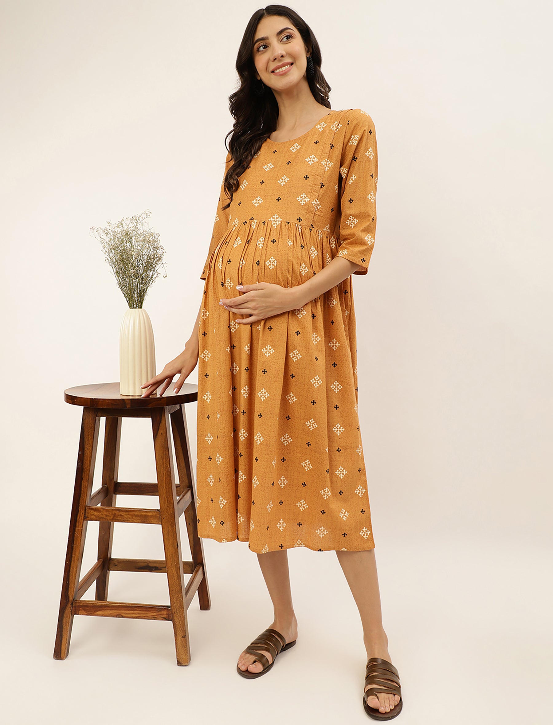 Mustard Cotton Printed Maternity/Feeding Gown