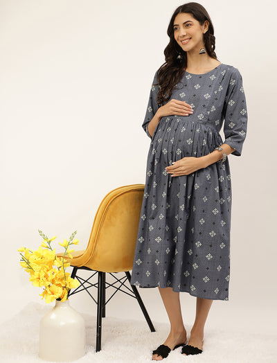 Grey Cotton Printed Maternity/Feeding Gown