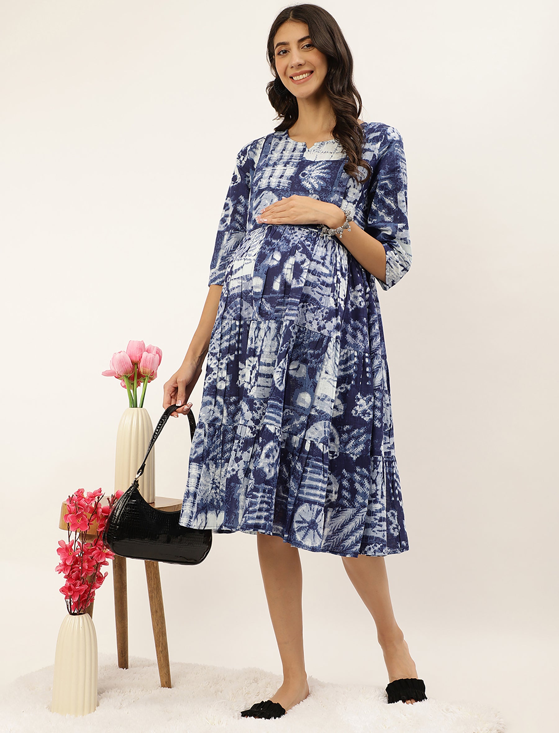 Blue Multiprint Cotton Maternity/Feeding Gown