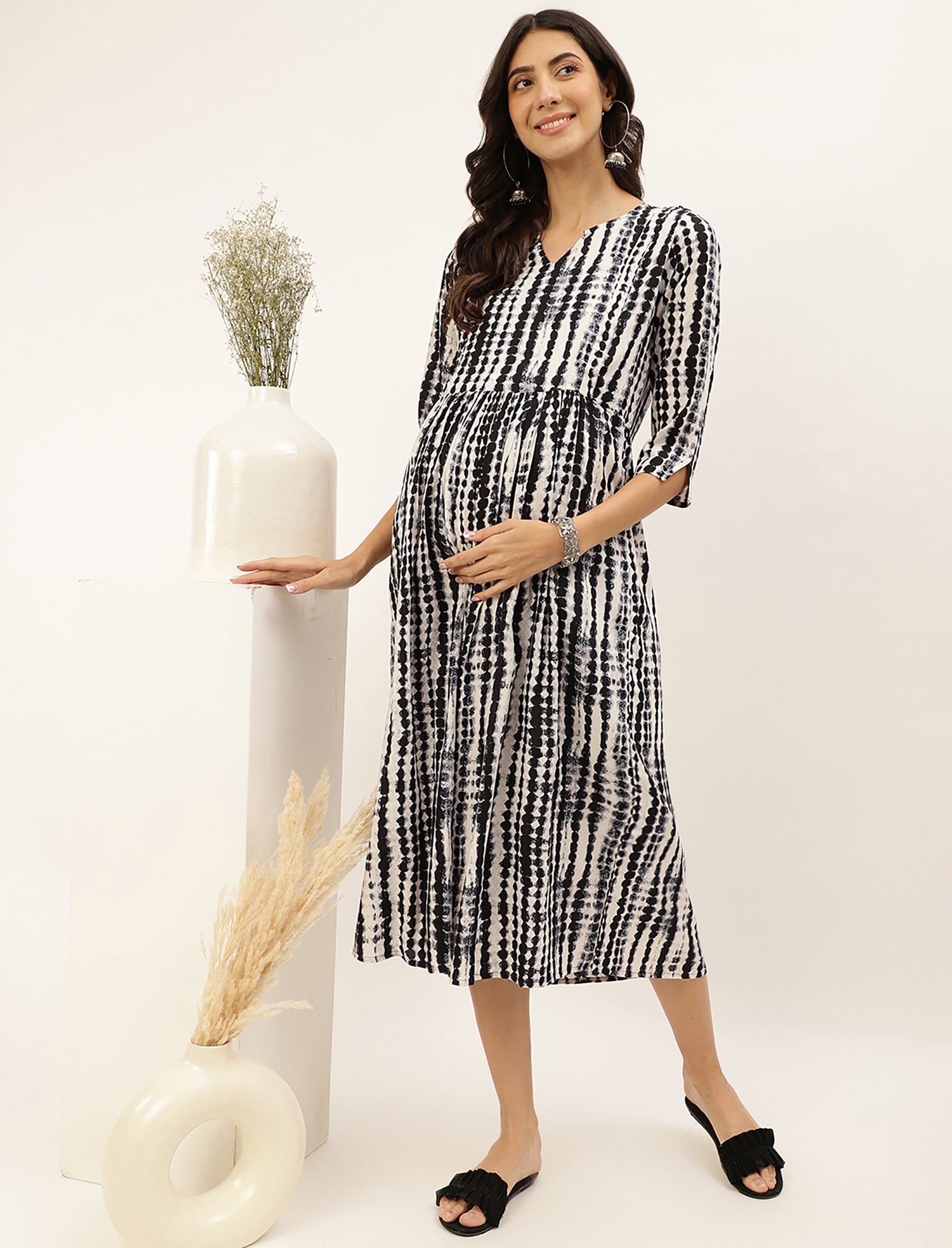 White Black Shibori Print Maternity/Feeding Gown