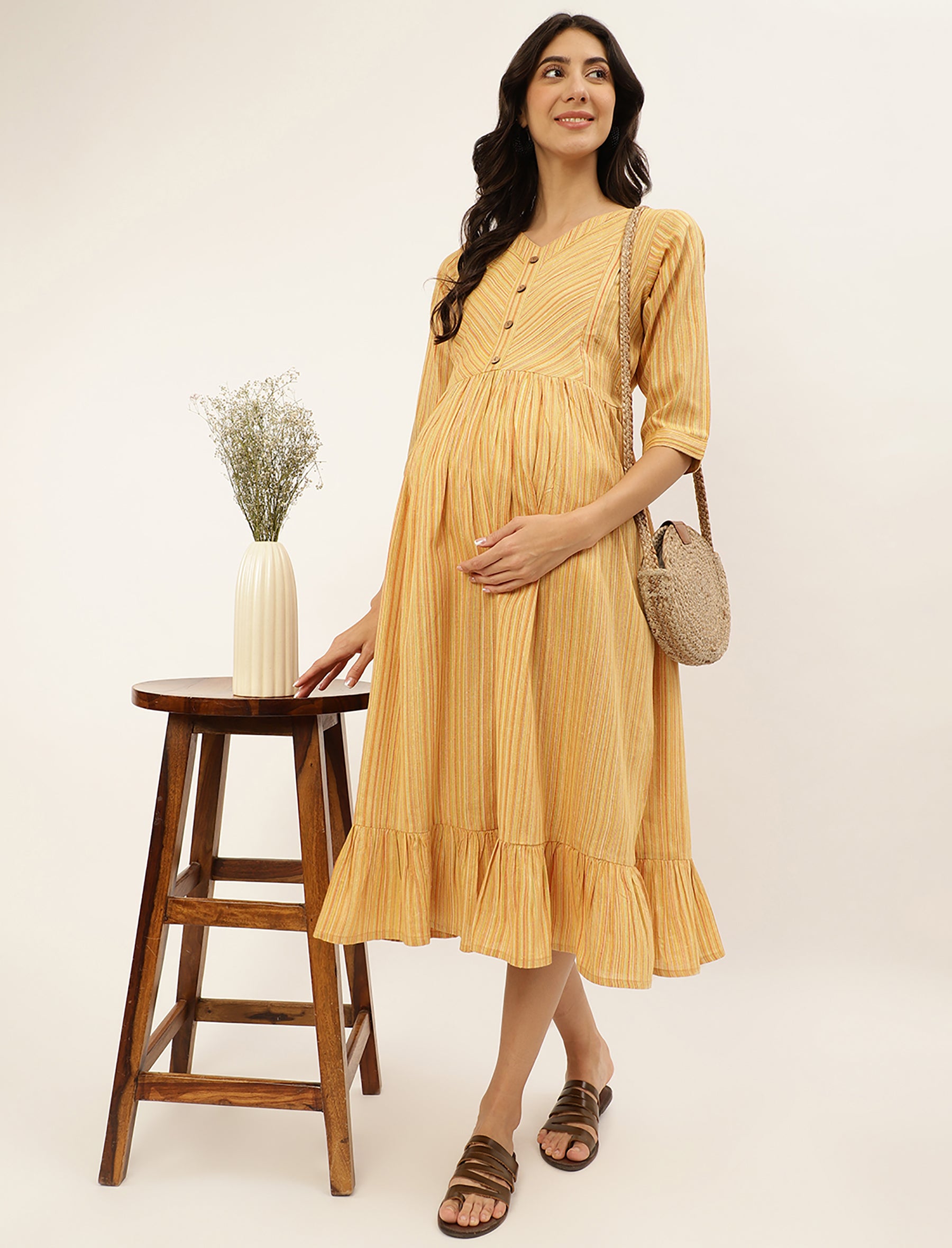 Yellow Self Patterned Cotton Maternity/Feeding Gown