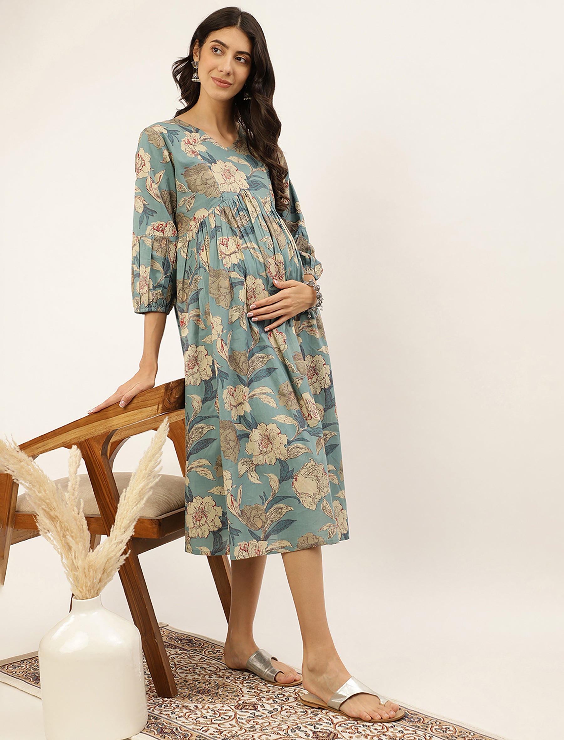 Sea Green Flower Printed Cotton Maternity/Feeding Gown