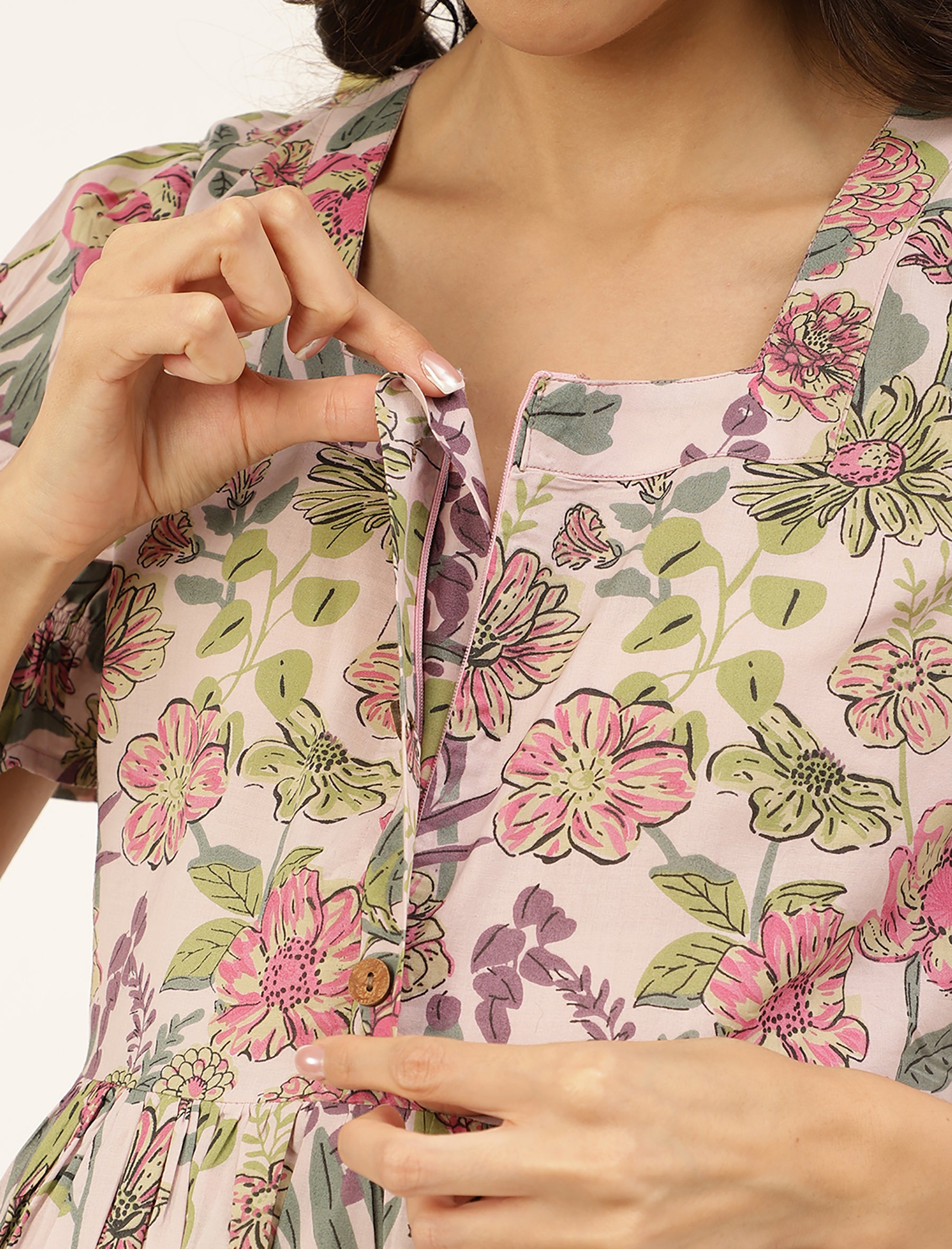 Pastel Flower Jaal Printed Cotton Maternity/Feeding Gown