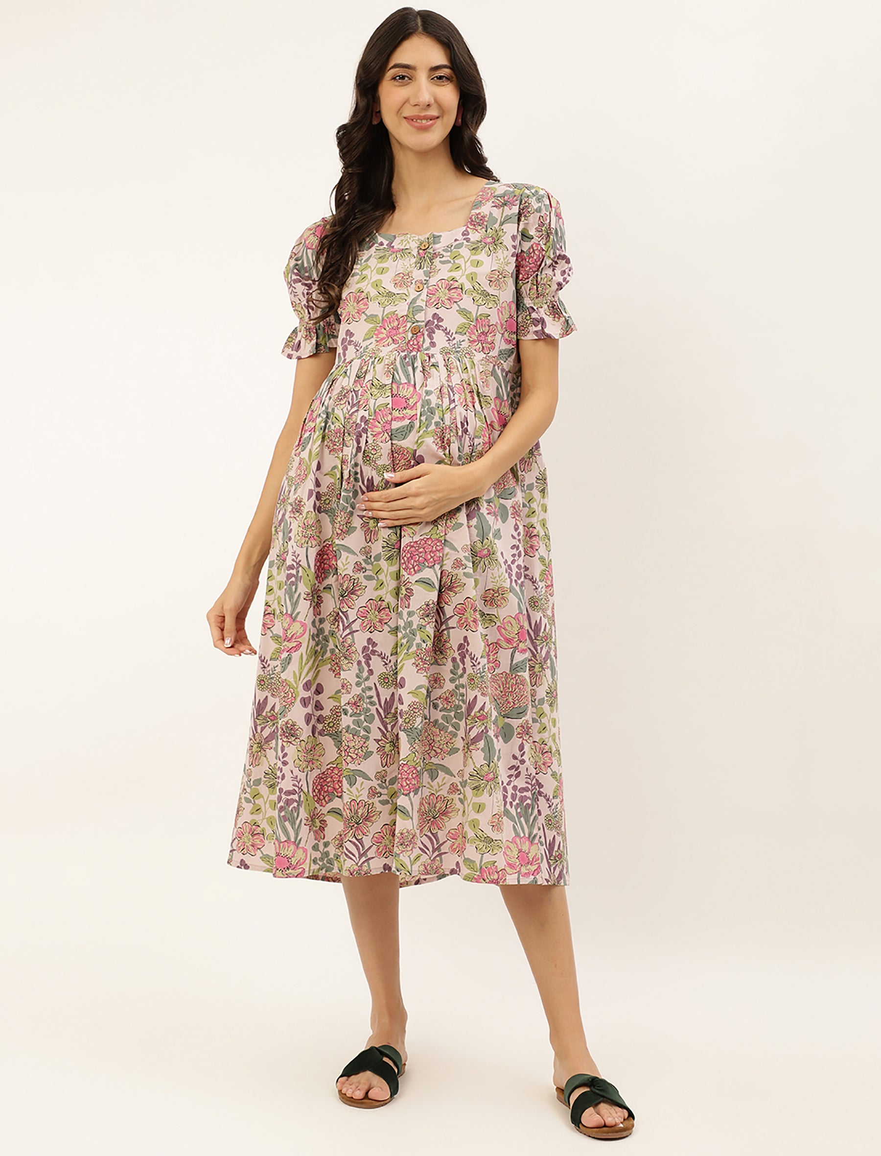 Pastel Flower Jaal Printed Cotton Maternity/Feeding Gown