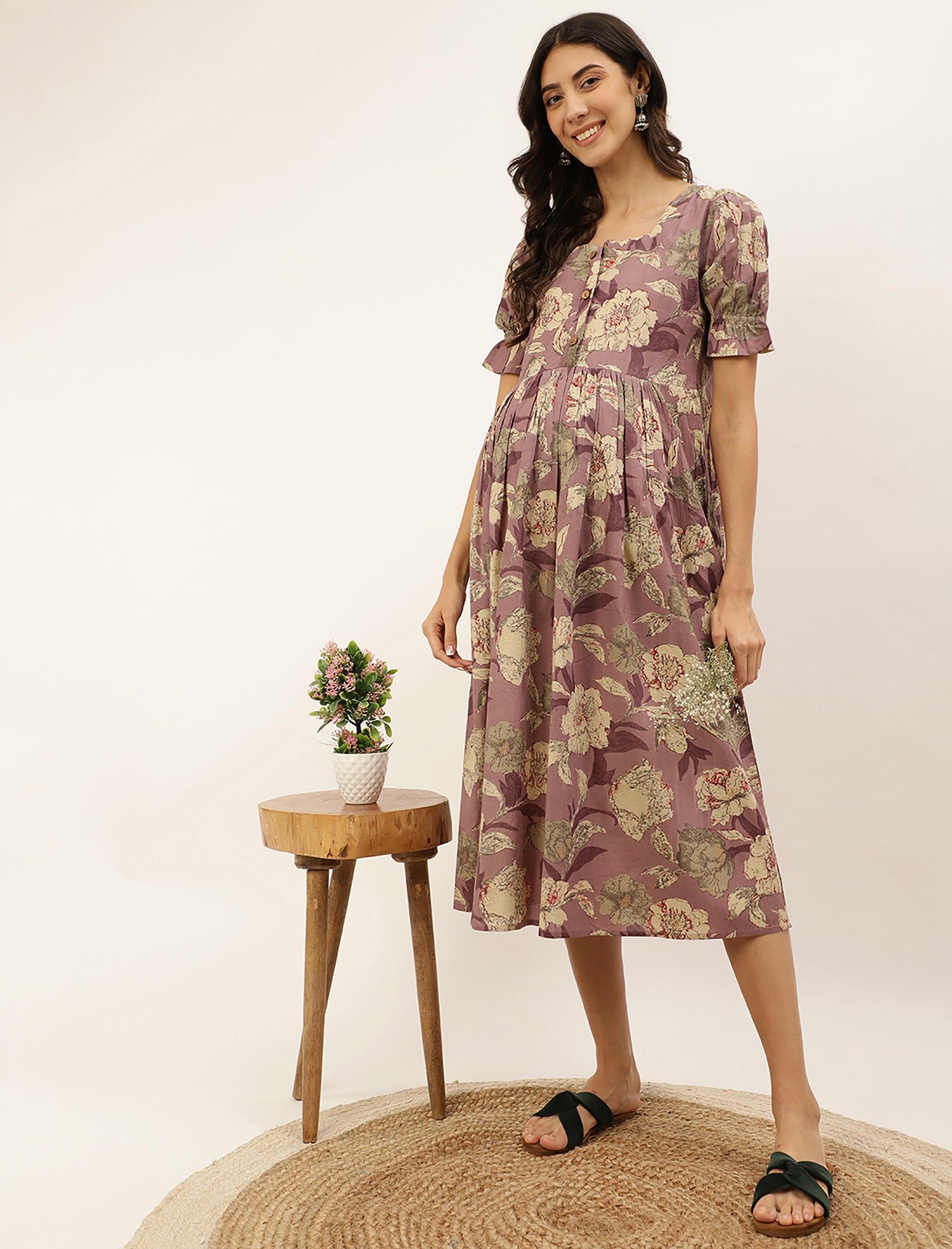 Mauve Flower Printed Cotton Maternity/Feeding Gown