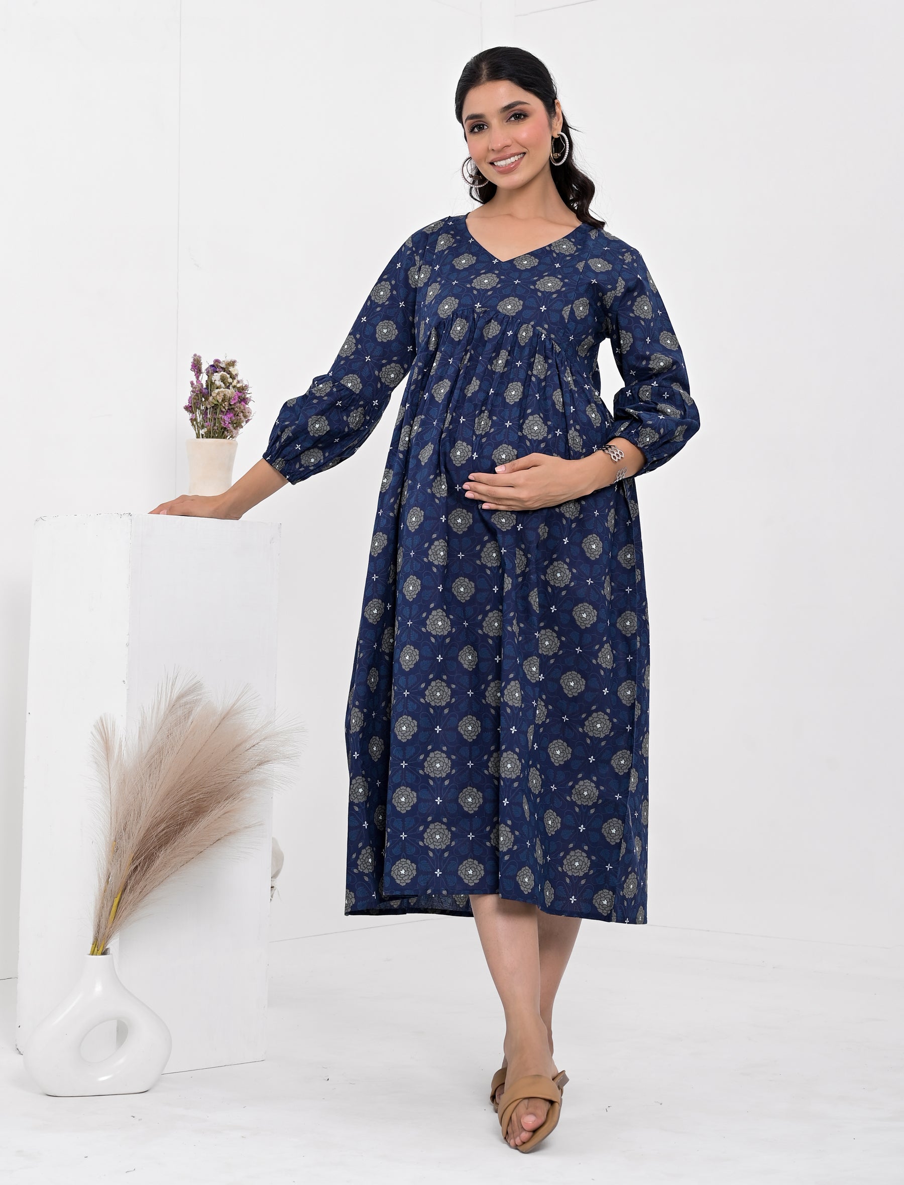 Navy Flower Printed Cotton Maternity/Feeding Gown