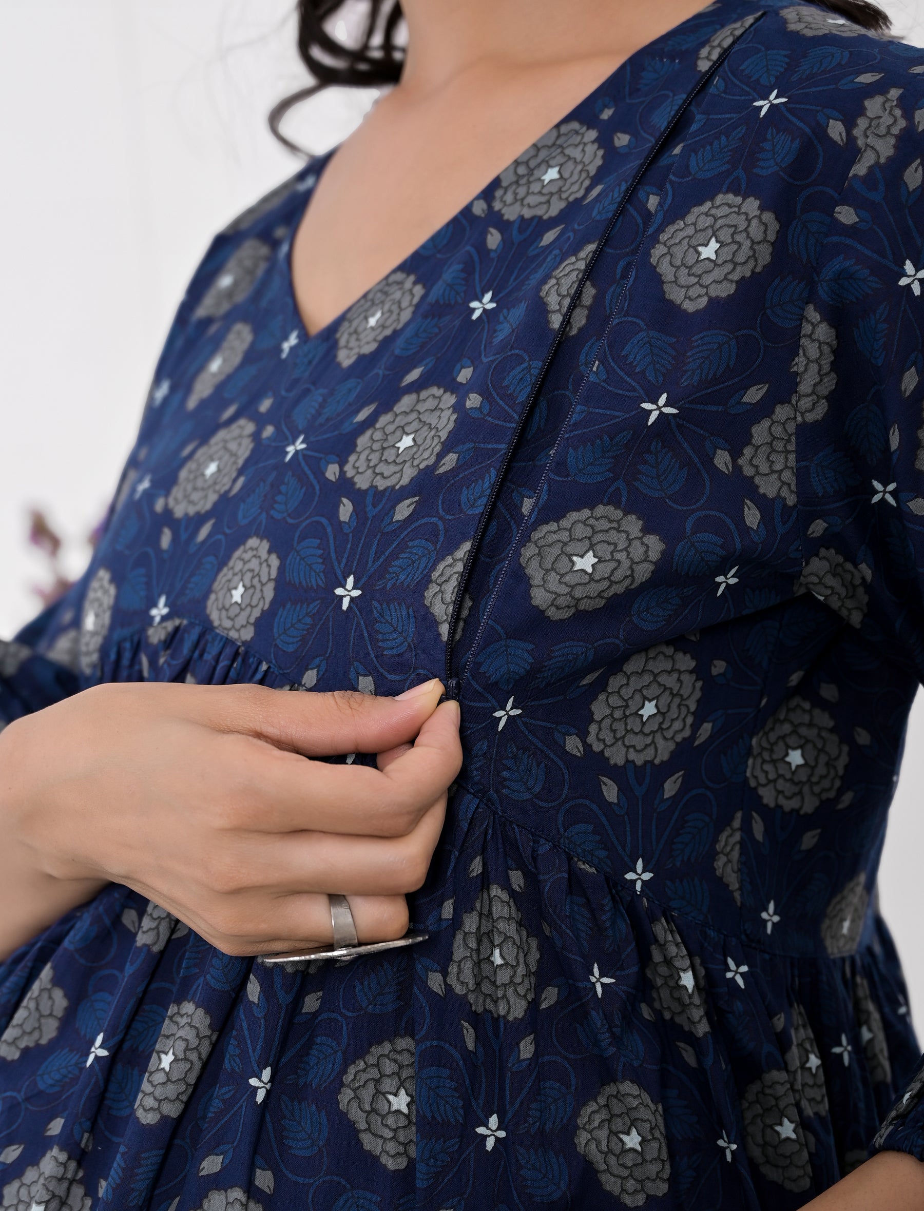 Navy Flower Printed Cotton Maternity/Feeding Gown