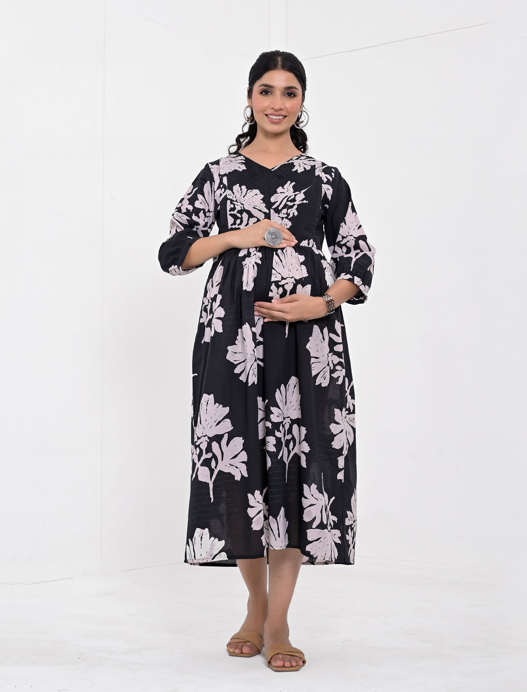 Black Floral Butta Printed Cotton Maternity/Feeding Gown