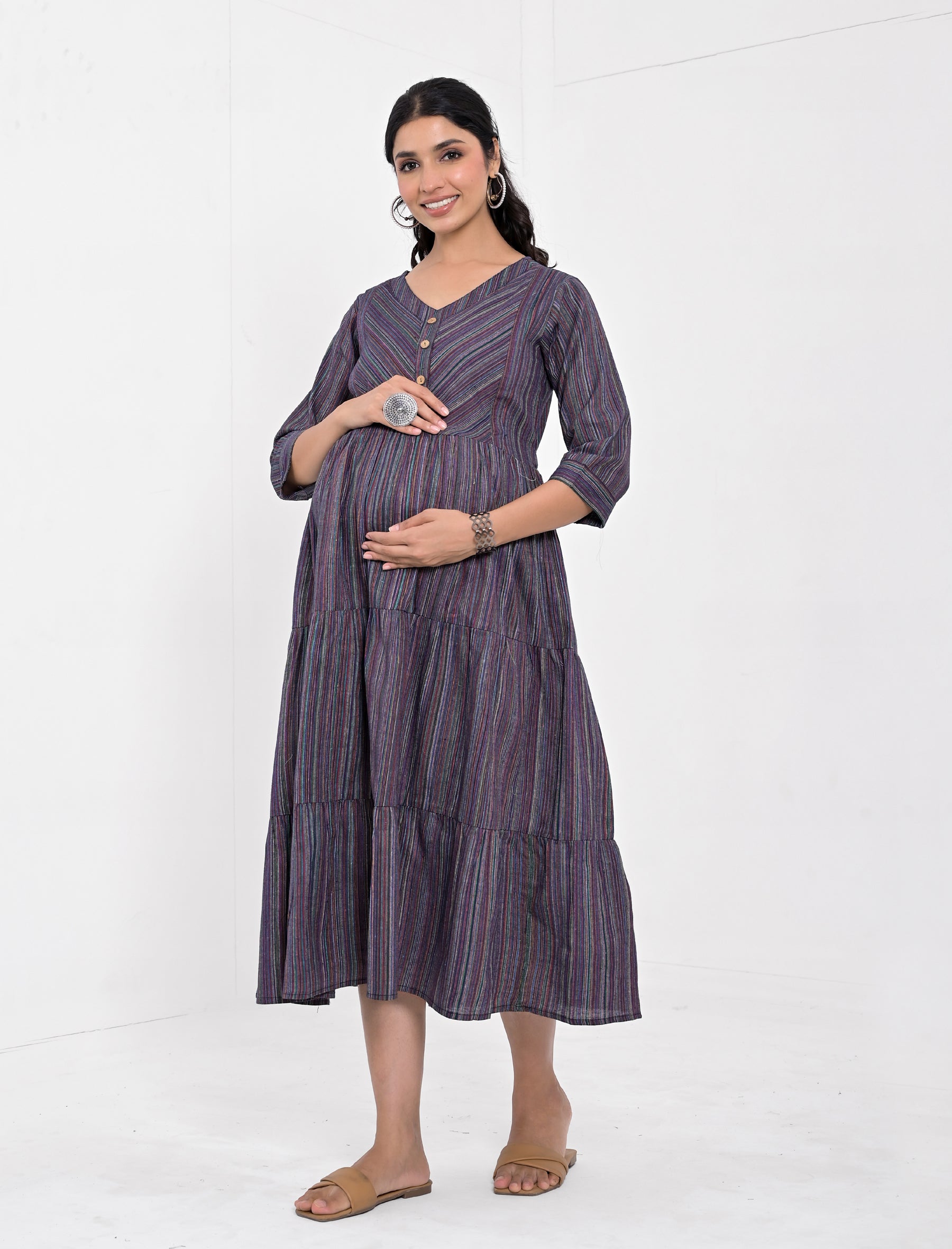 Grey Printed Cotton Maternity/Feeding Gown