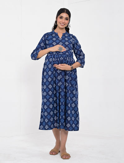 Blue Butta Printed Cotton Maternity/Feeding Gown