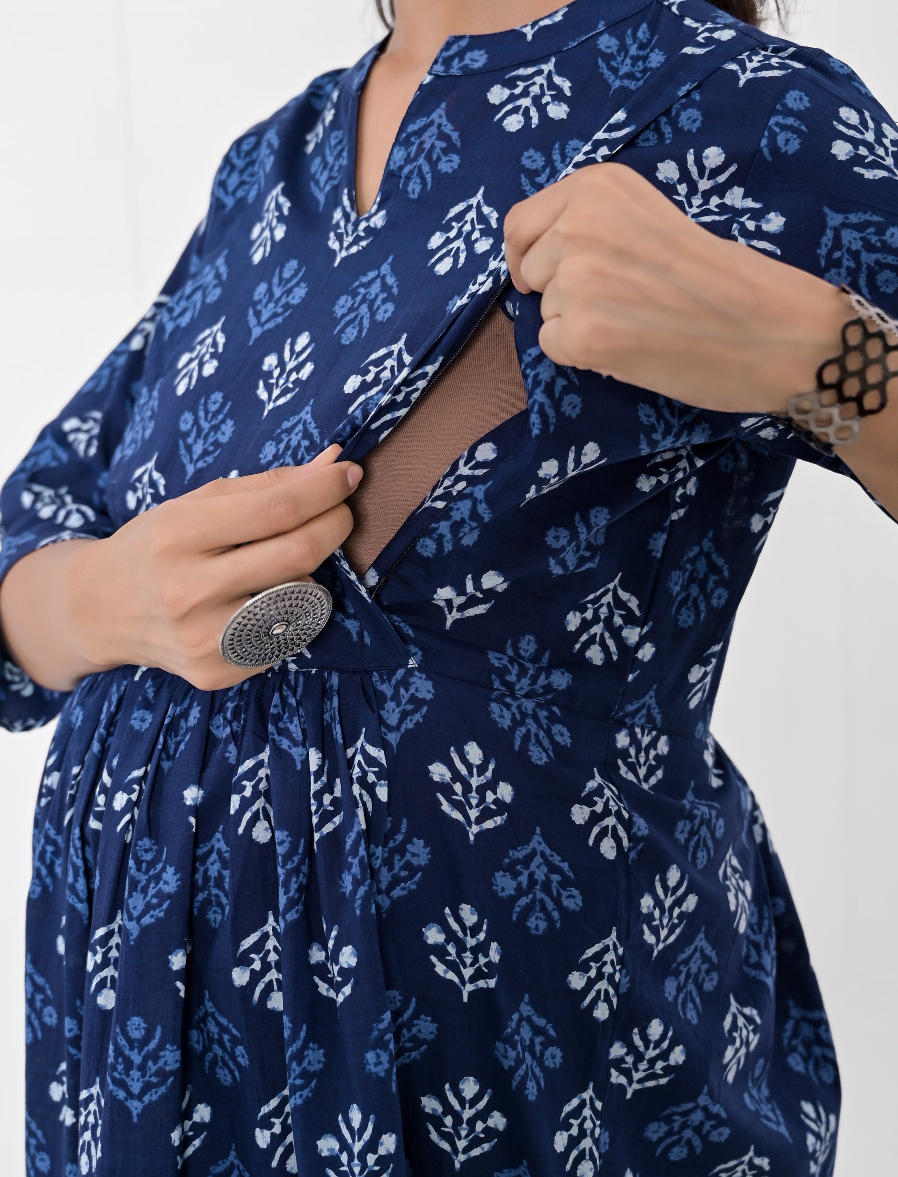 Blue Butta Printed Cotton Maternity/Feeding Gown