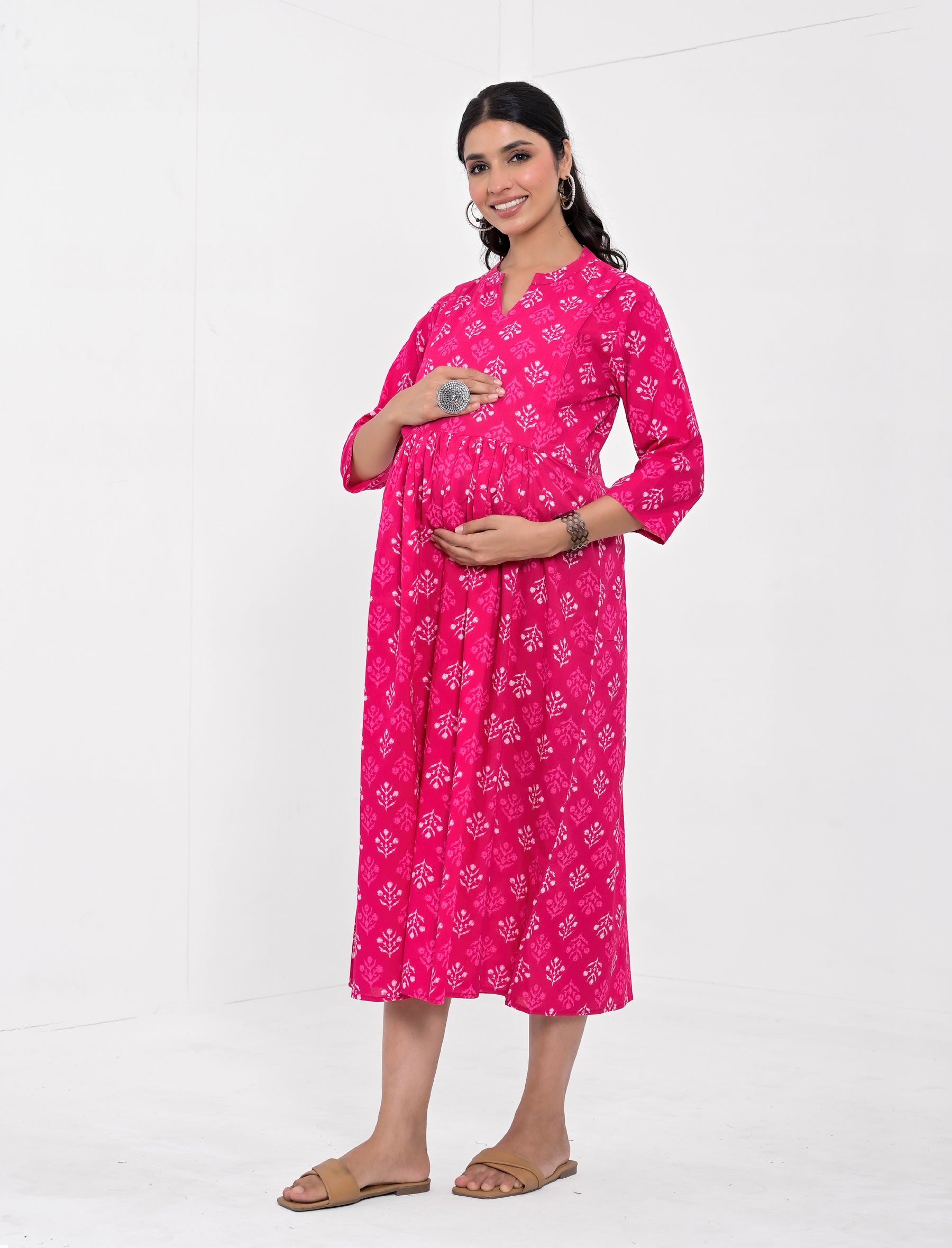 Pink Butta Printed Cotton Maternity/Feeding Gown