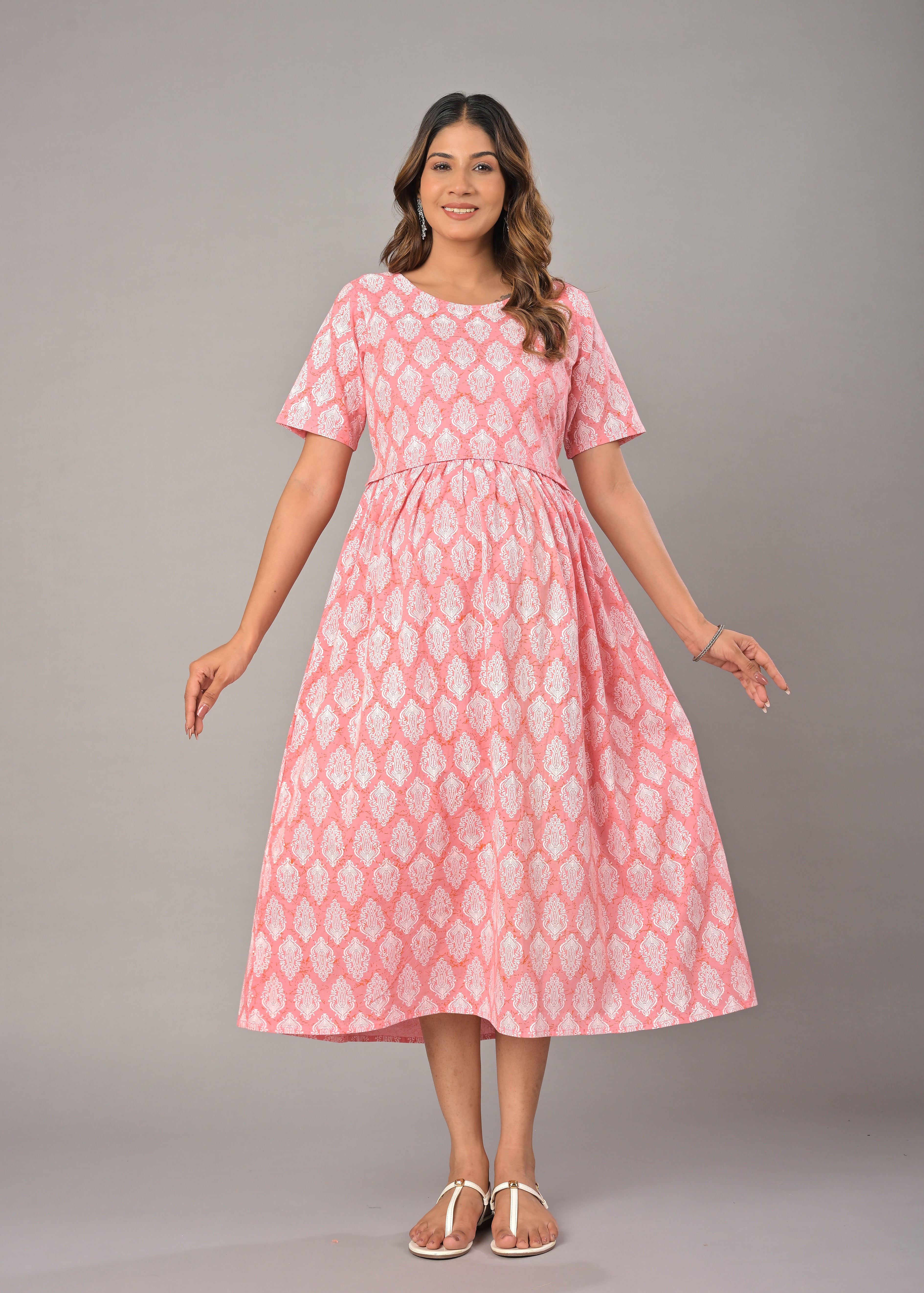 Peach Cotton Printed Maternity/Feeding Gown