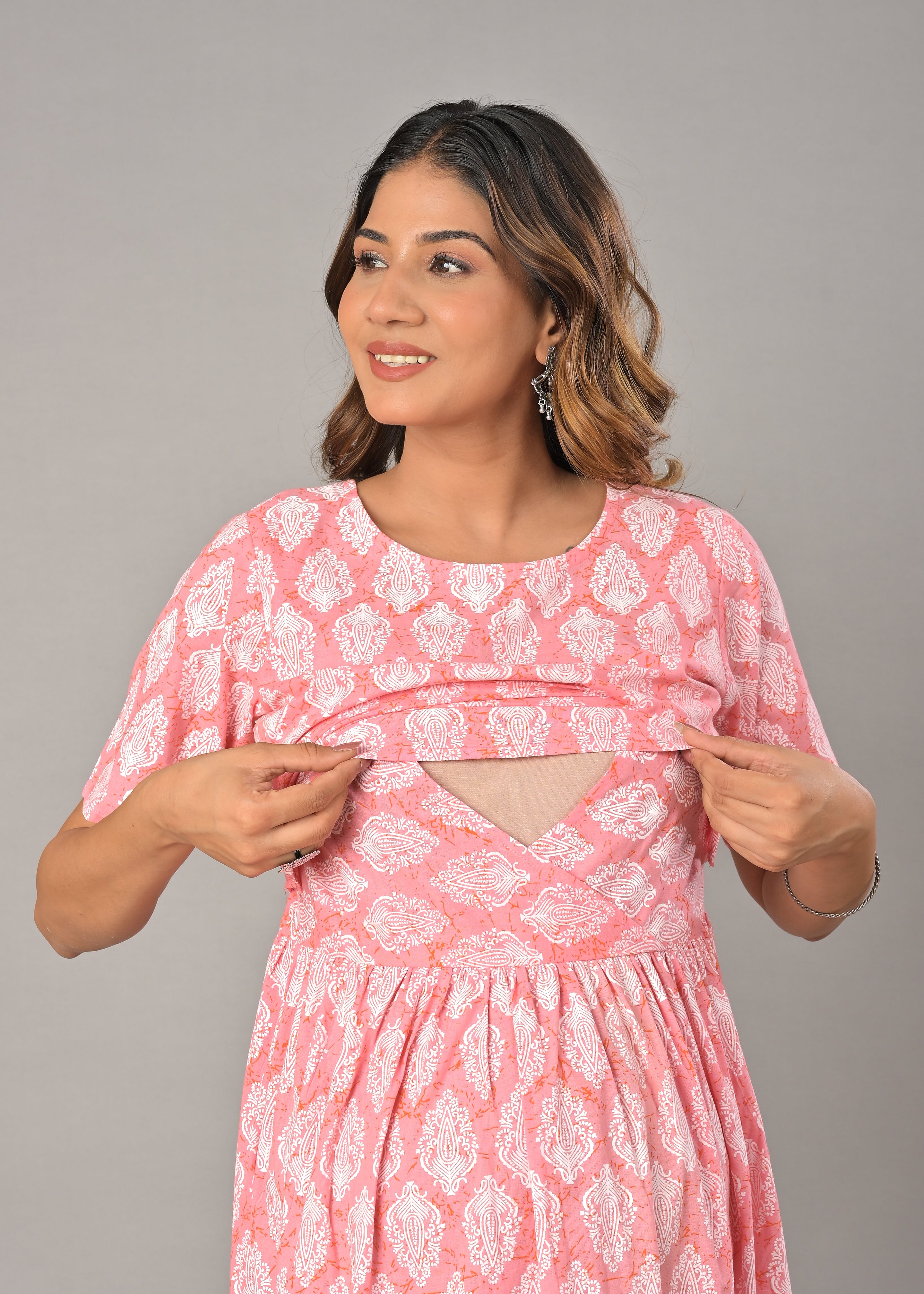Peach Cotton Printed Maternity/Feeding Gown