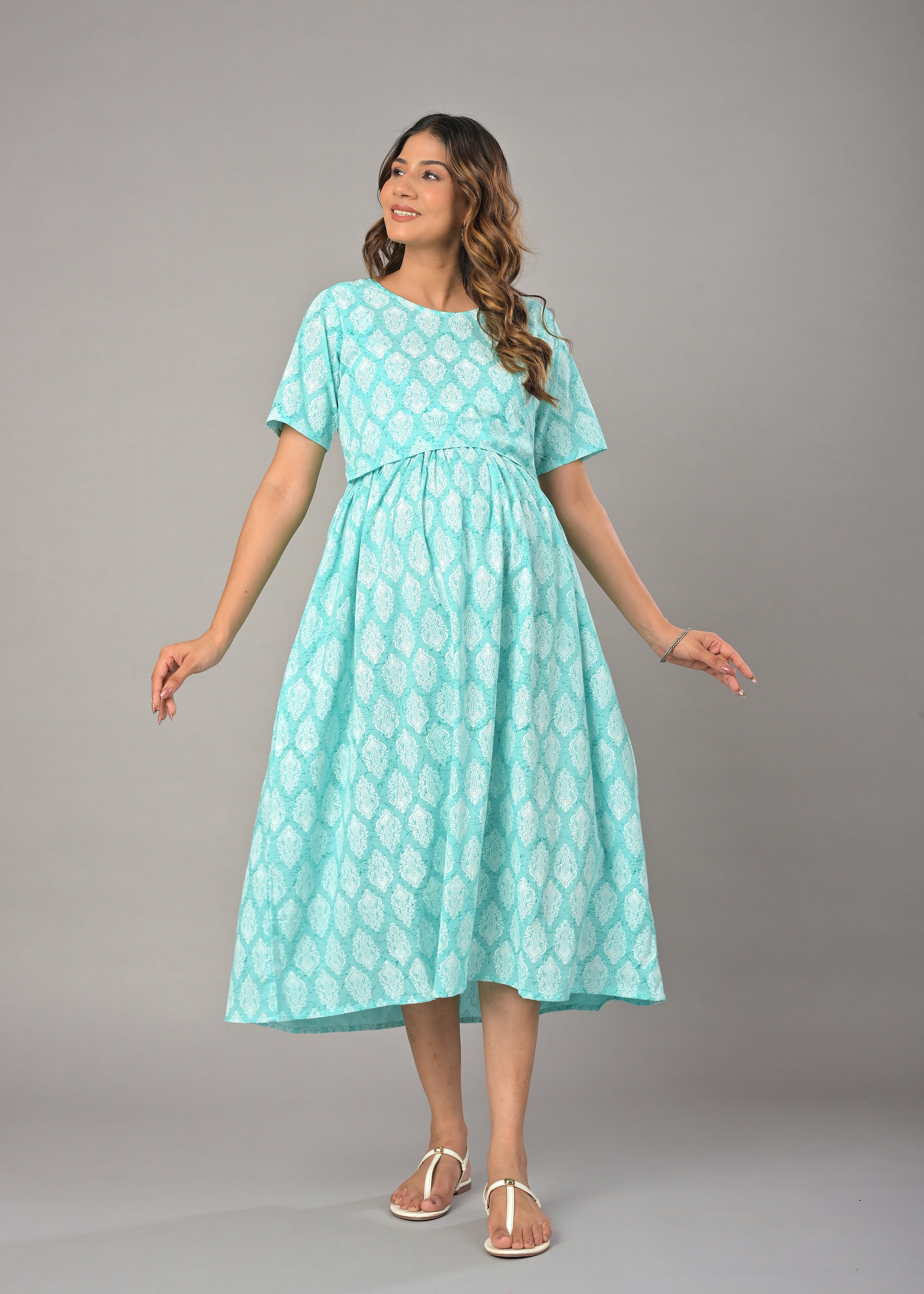 Turquoise Cotton Printed Maternity/Feeding Gown