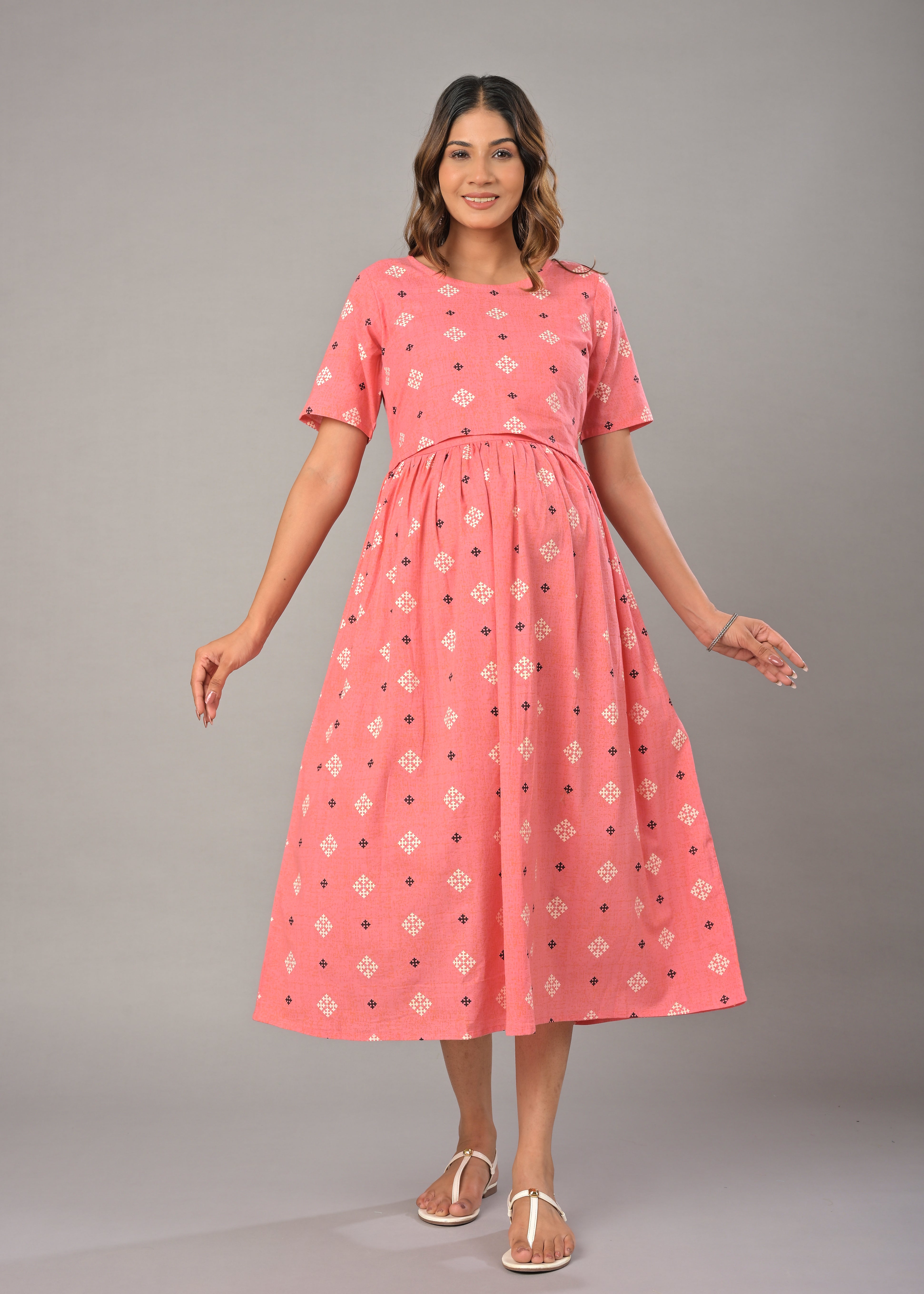 Pink Cotton Printed Maternity/Feeding Gown