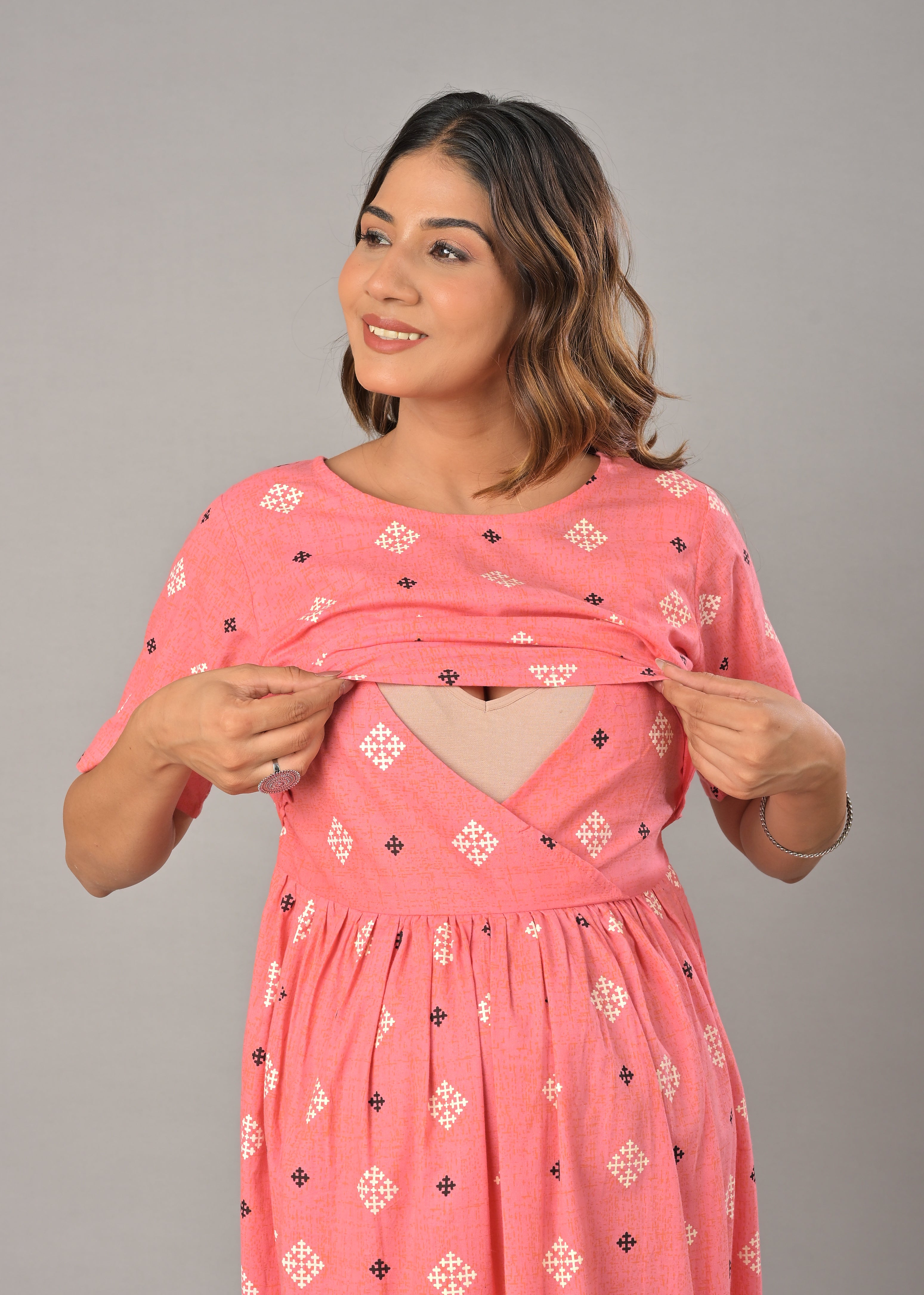 Pink Cotton Printed Maternity/Feeding Gown