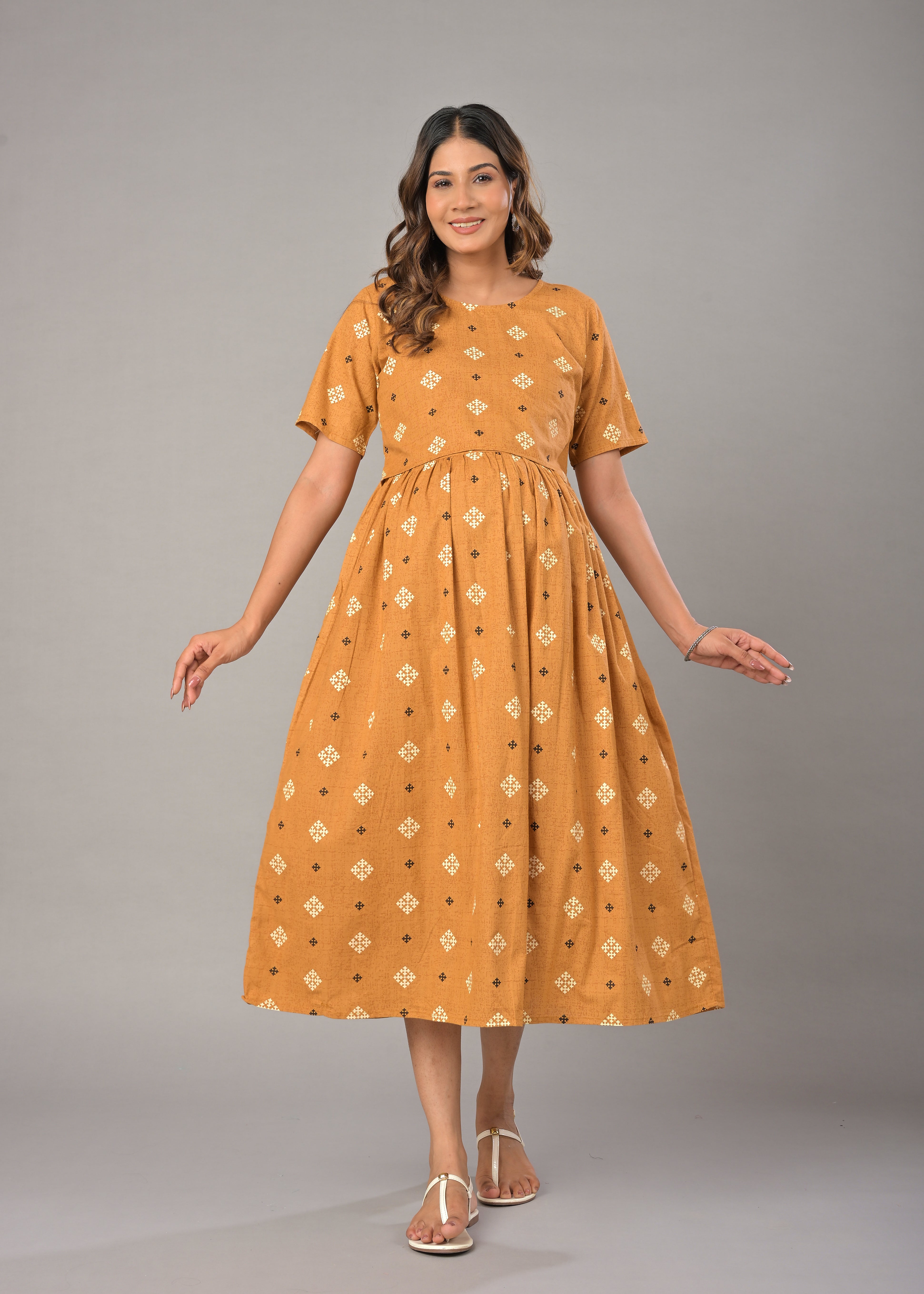 Mustard Cotton Printed Maternity/Feeding Gown