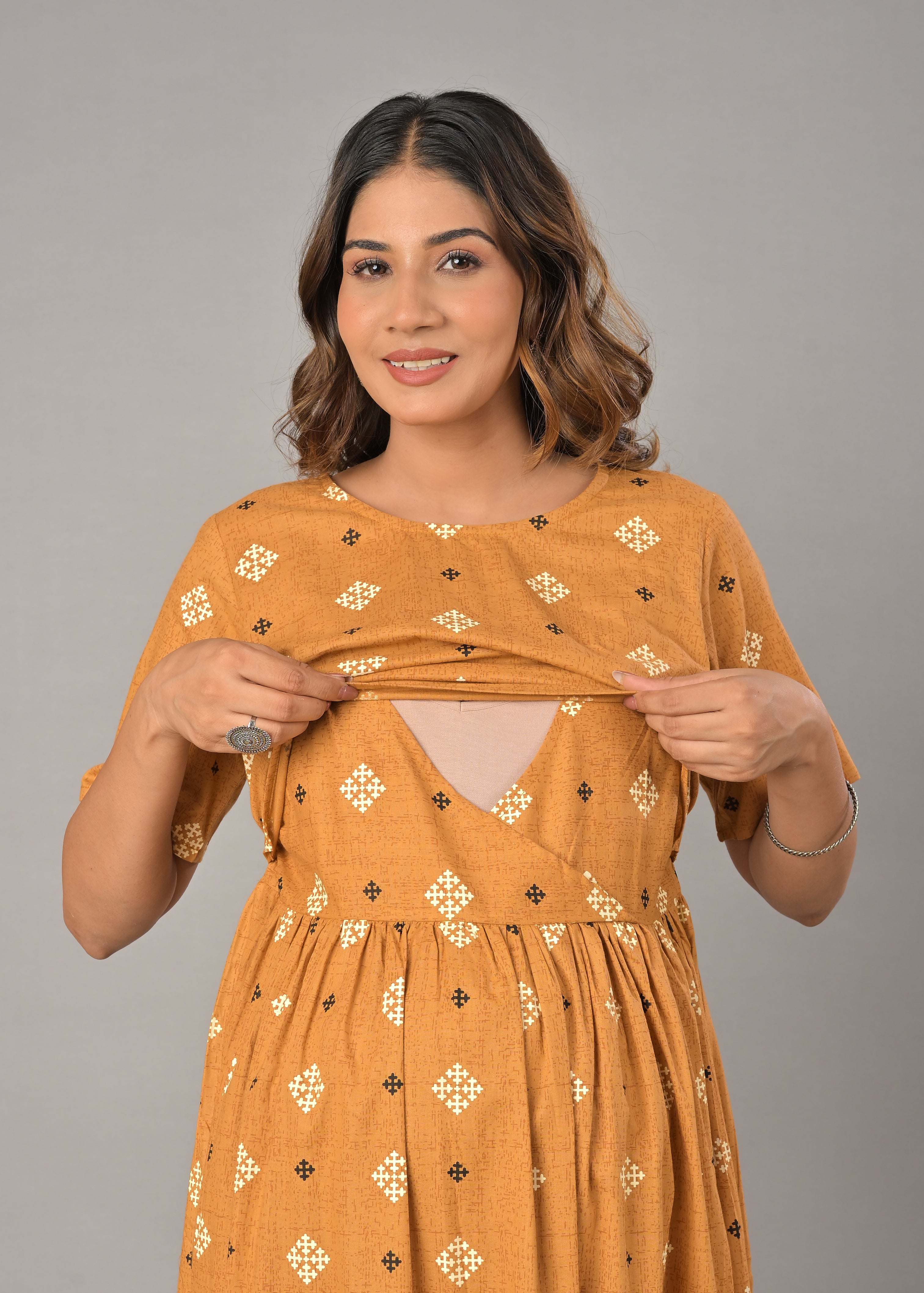 Mustard Cotton Printed Maternity/Feeding Gown