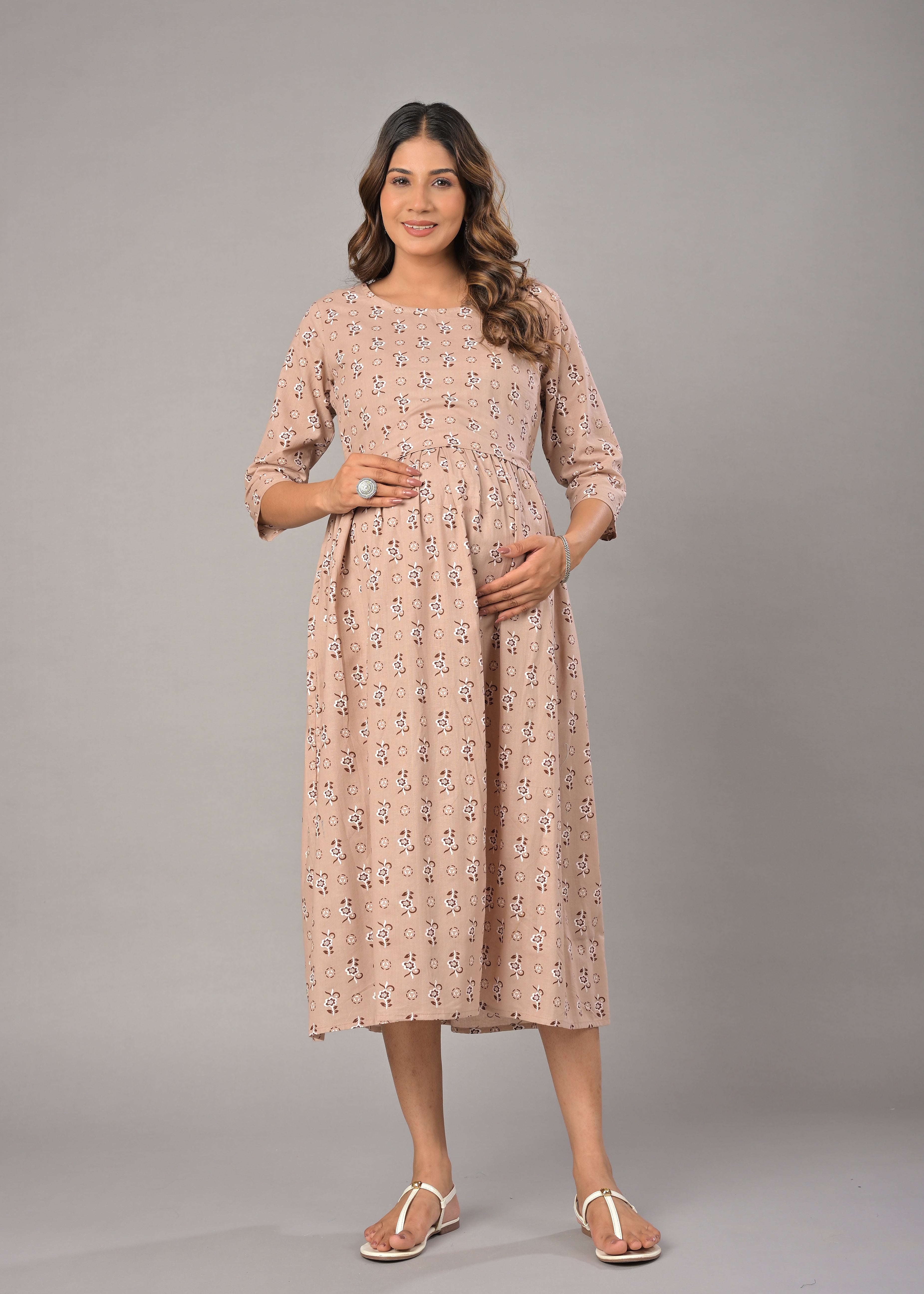 Beige Cotton Printed Maternity/Feeding Gown