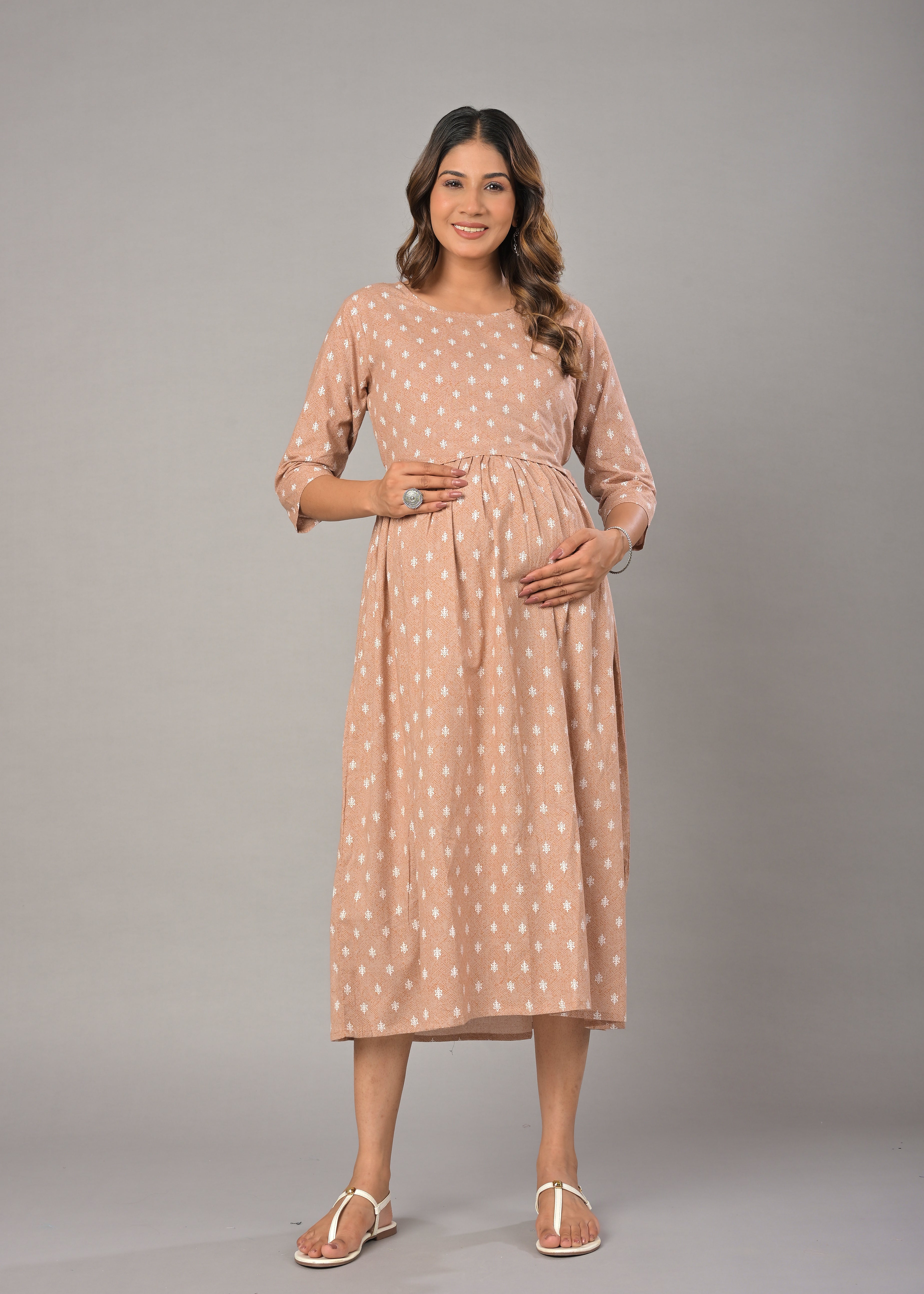 Beige Cotton Printed Maternity/Feeding Gown
