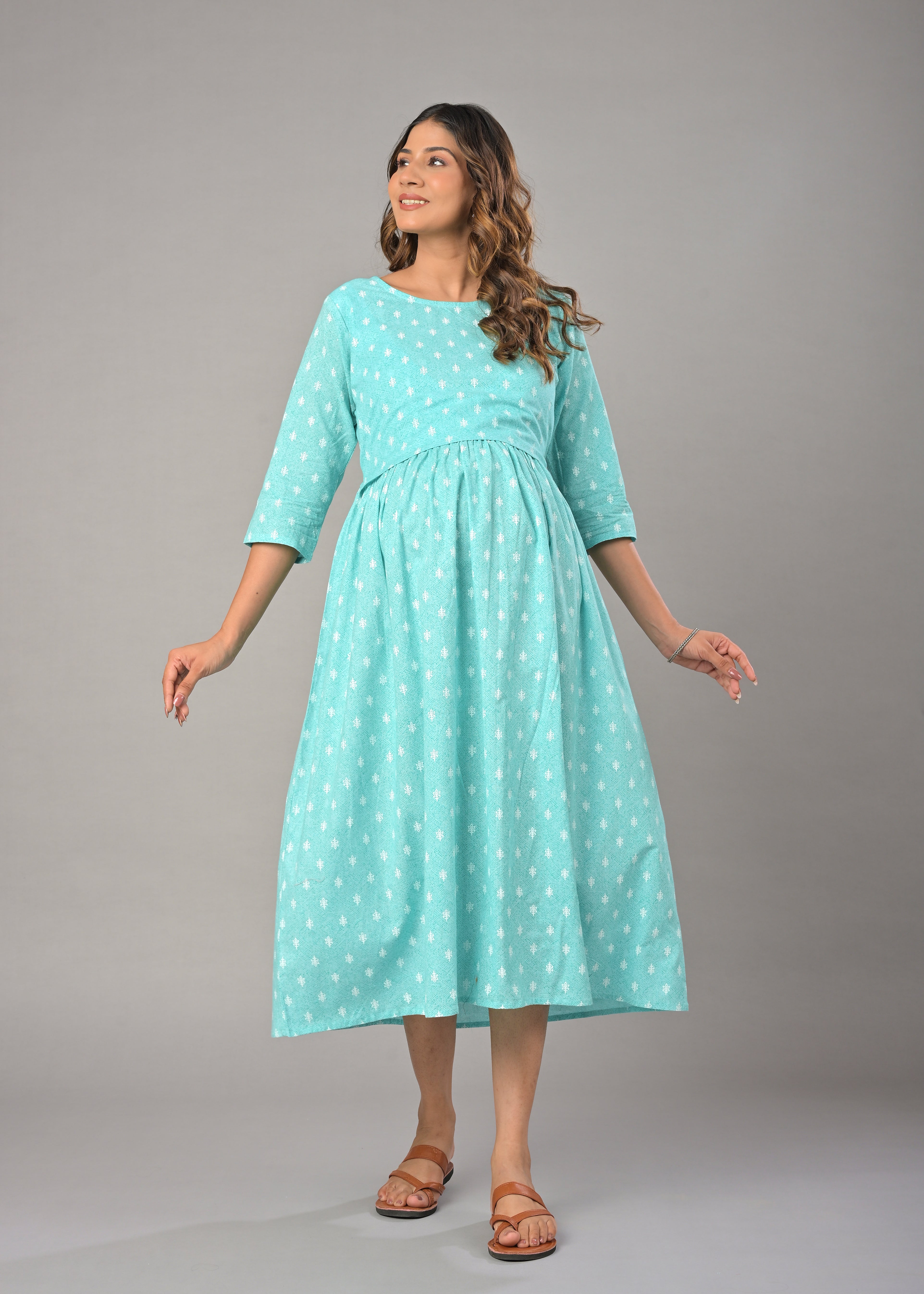 Turquoise Cotton Printed Maternity/Feeding Gown