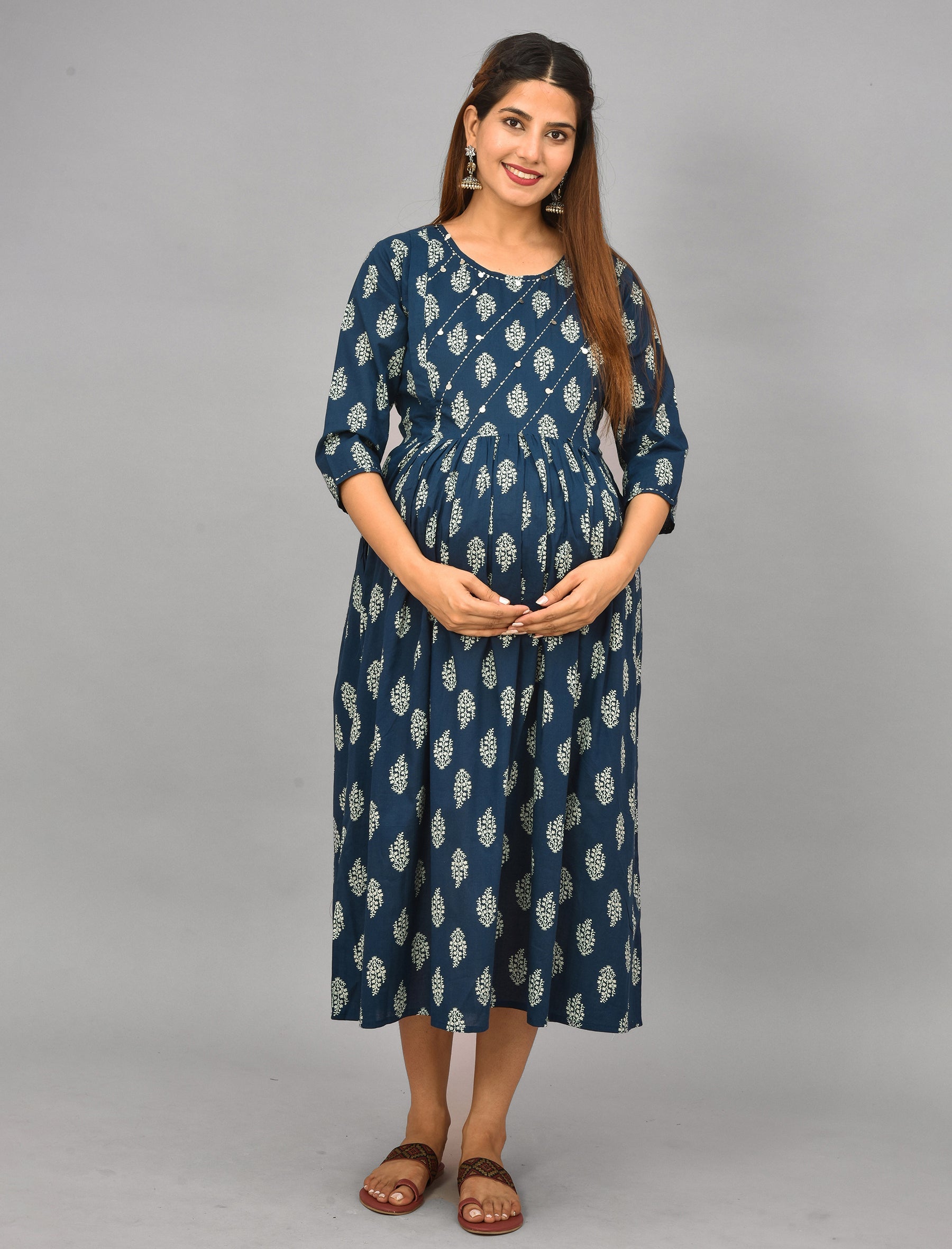 Blue Bada Butta Printed Cotton Maternity/Feeding Gown