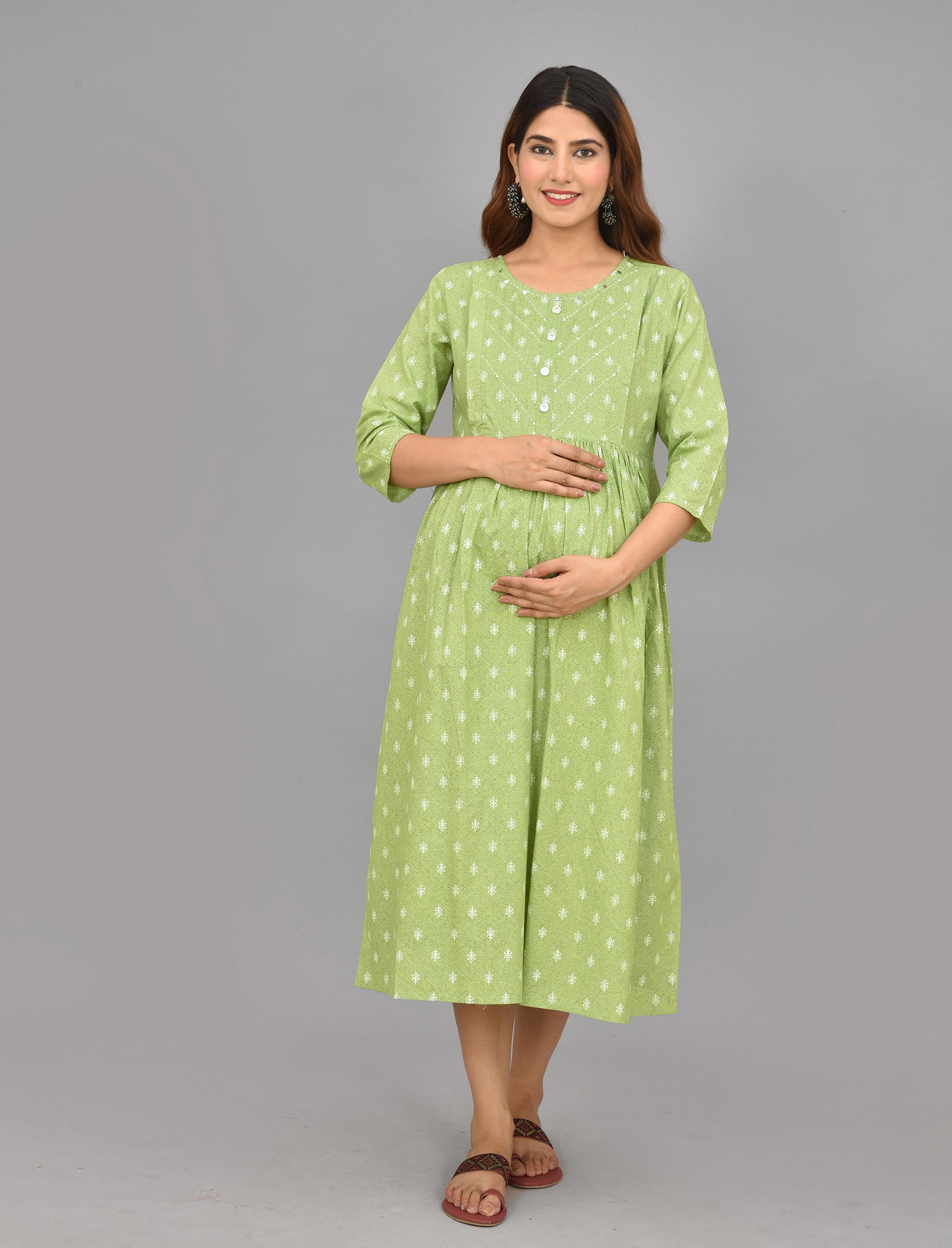 Mint Butti Printed Cotton Maternity/Feeding Gown