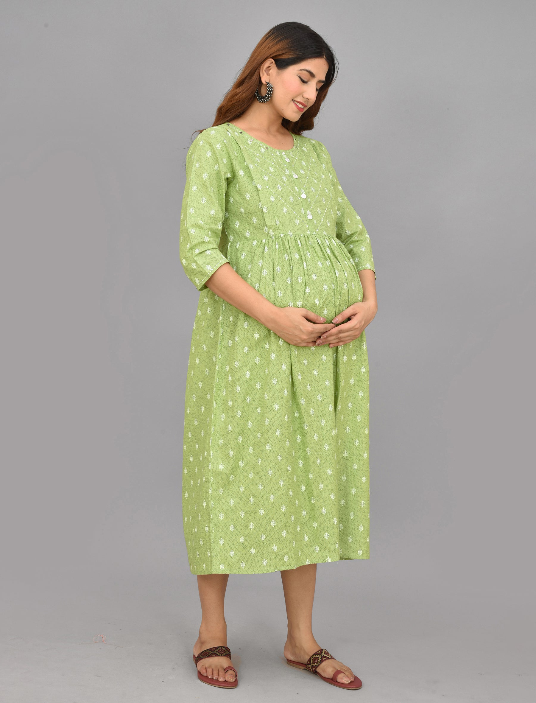 Mint Butti Printed Cotton Maternity/Feeding Gown