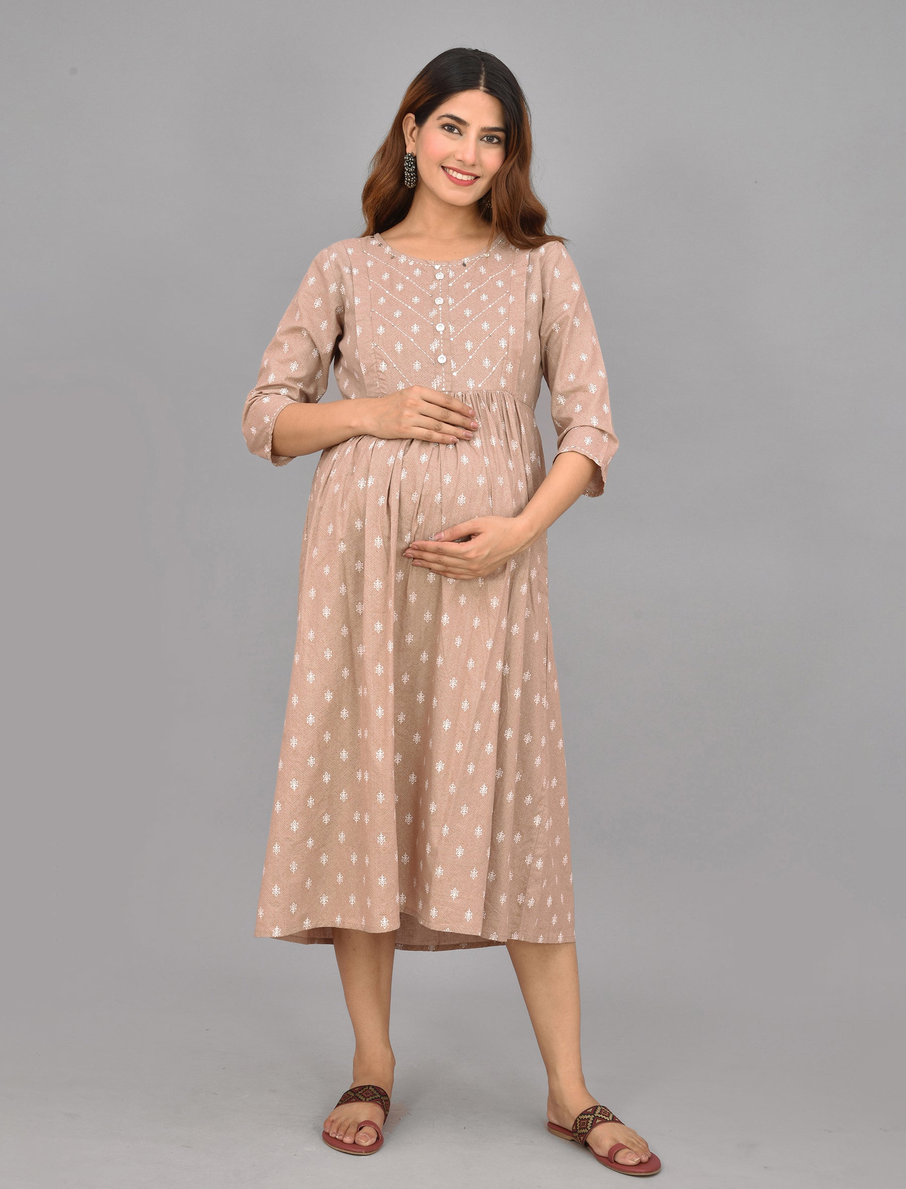 Beige Butti Printed Cotton Maternity/Feeding Gown