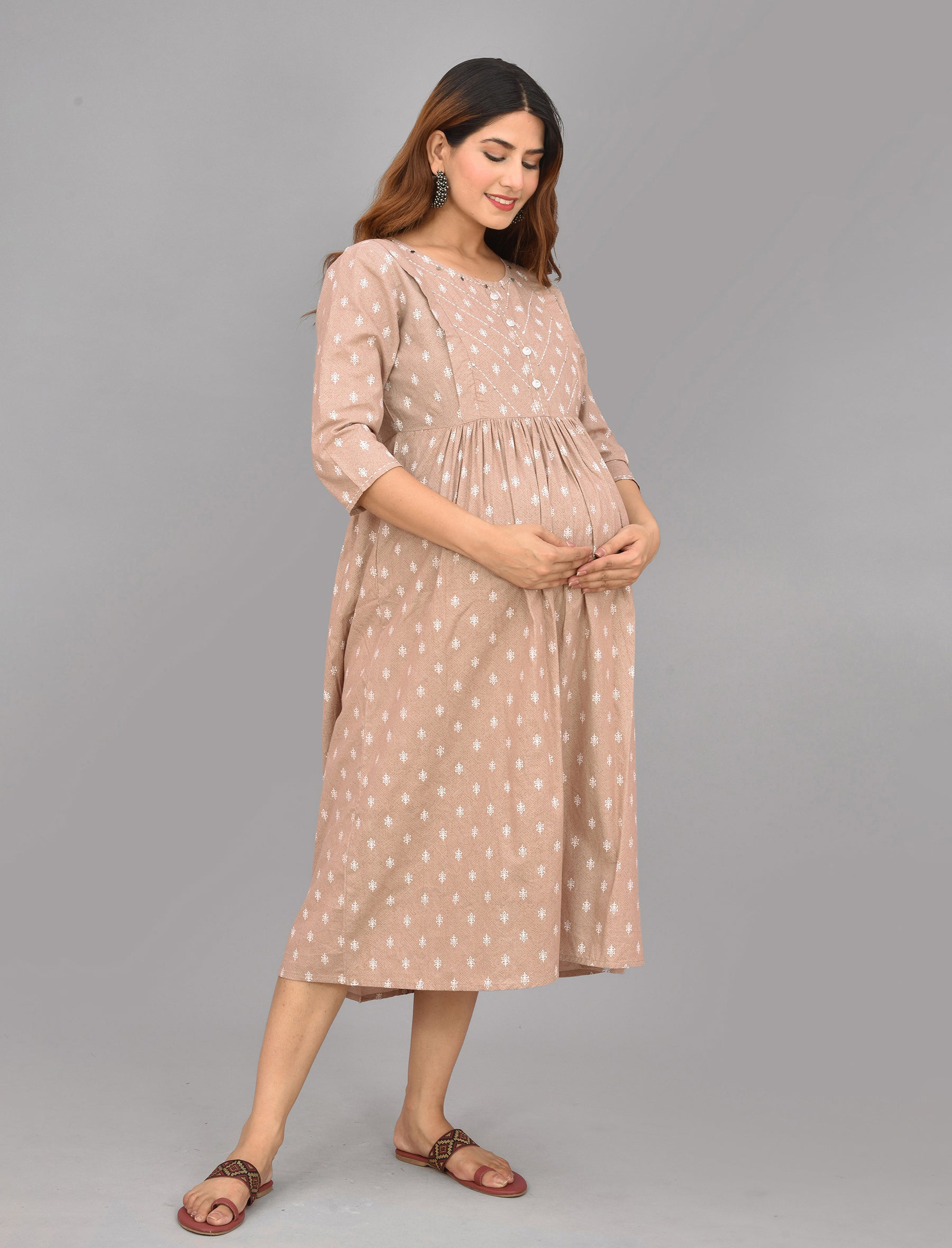 Beige Butti Printed Cotton Maternity/Feeding Gown