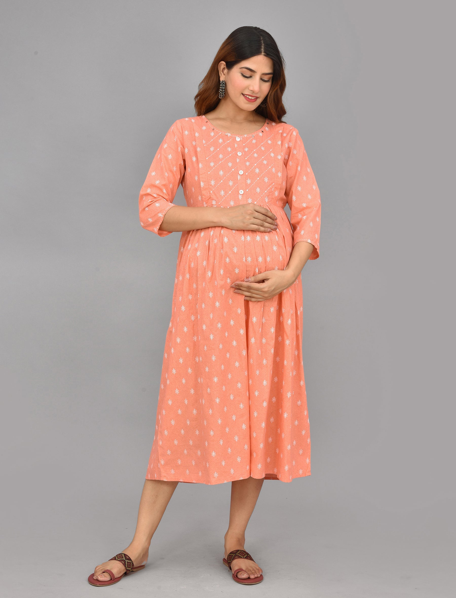 Peach Butti Printed Cotton Maternity/Feeding Gown