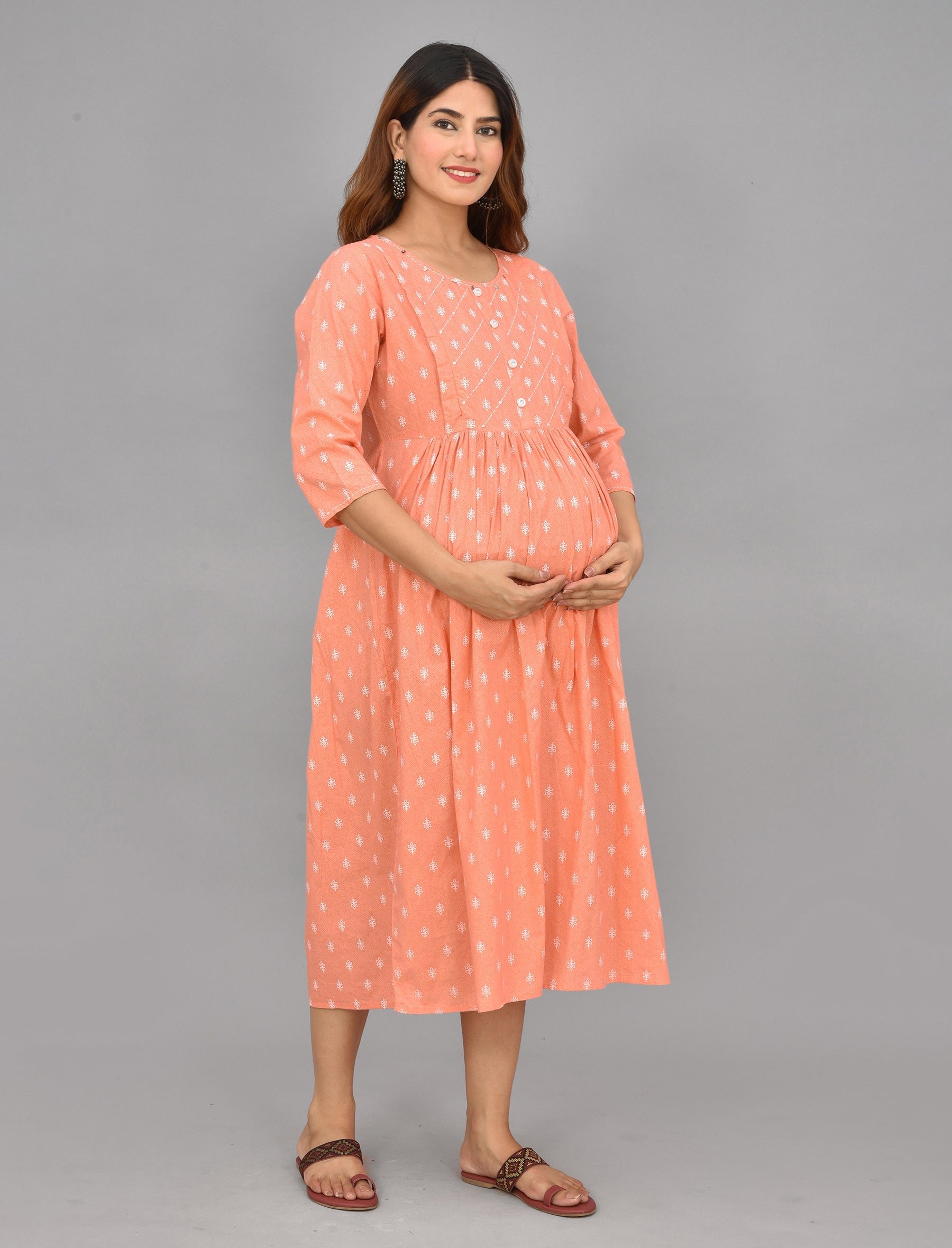 Peach Butti Printed Cotton Maternity/Feeding Gown