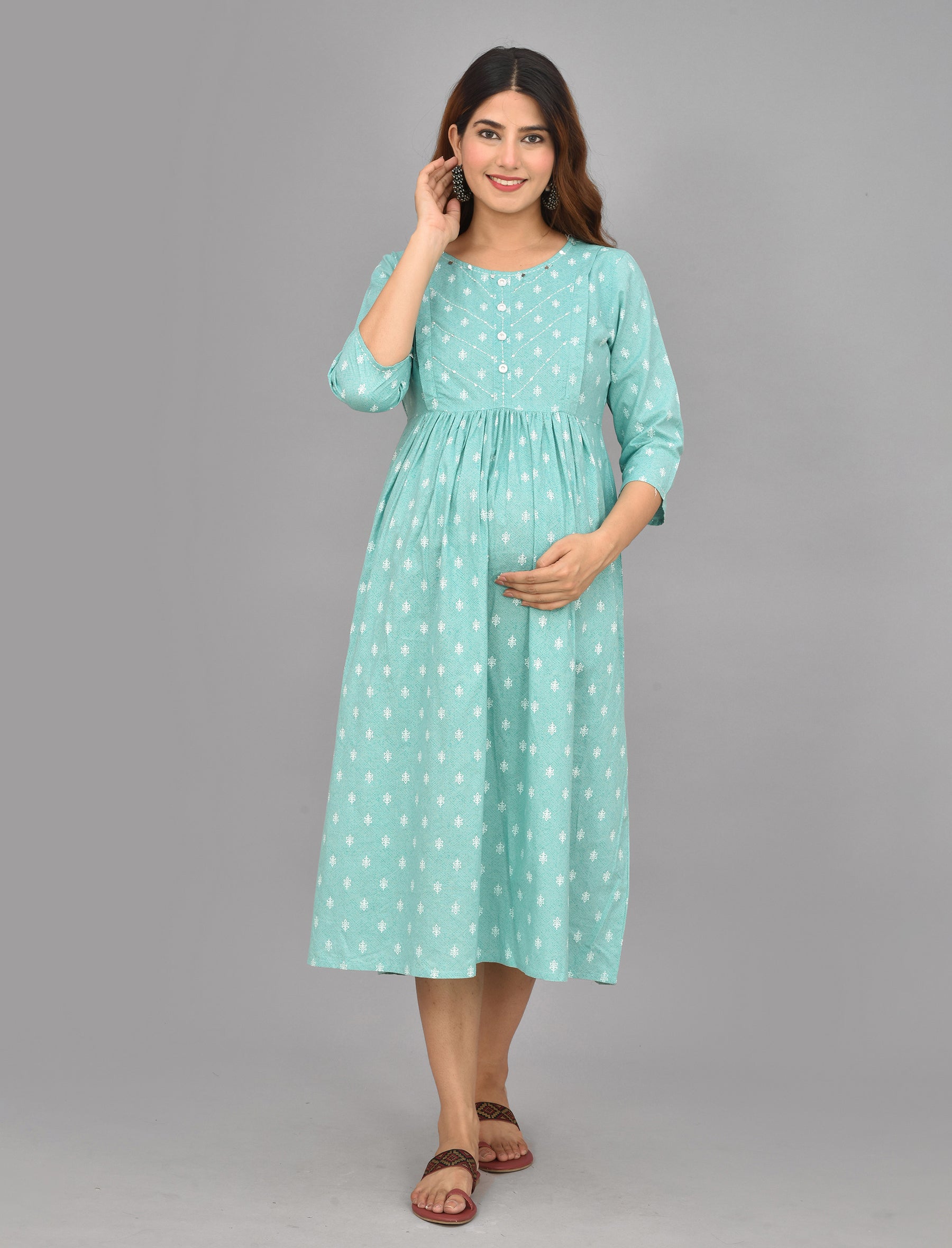 Firozi Butti Printed Cotton Maternity/Feeding Gown