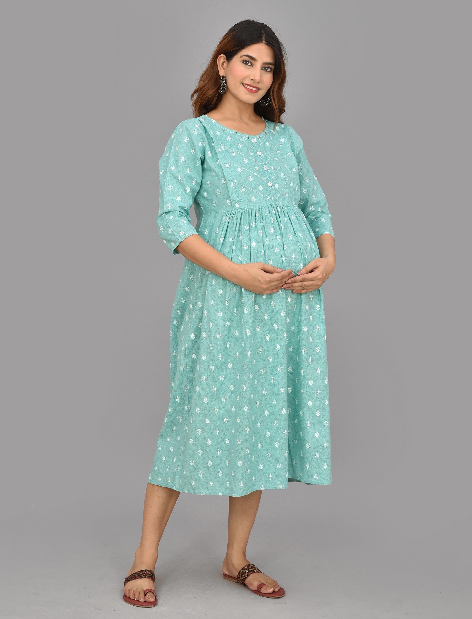 Firozi Butti Printed Cotton Maternity/Feeding Gown