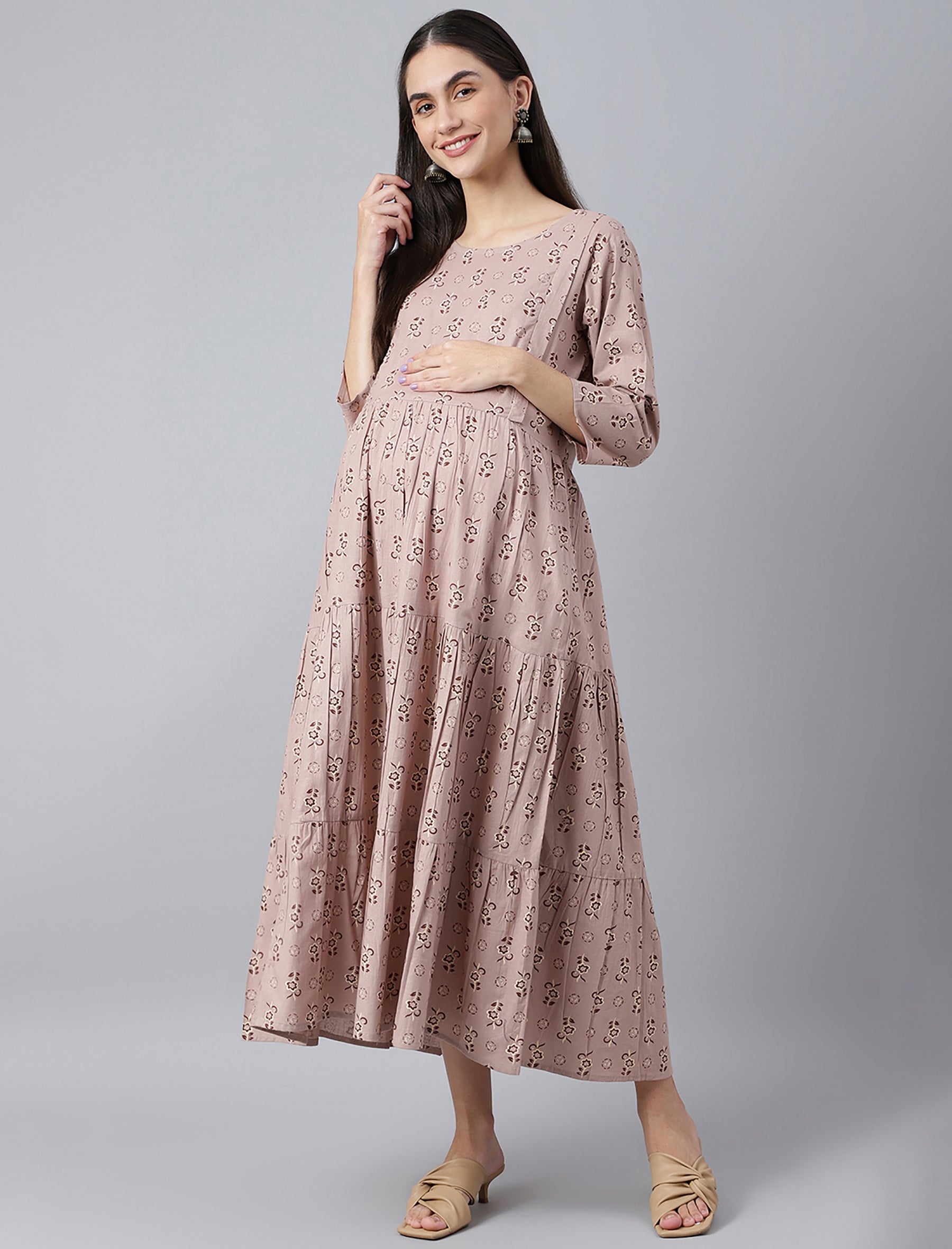 Dark Begie Butti Printed Cotton Maternity/Feeding Gown