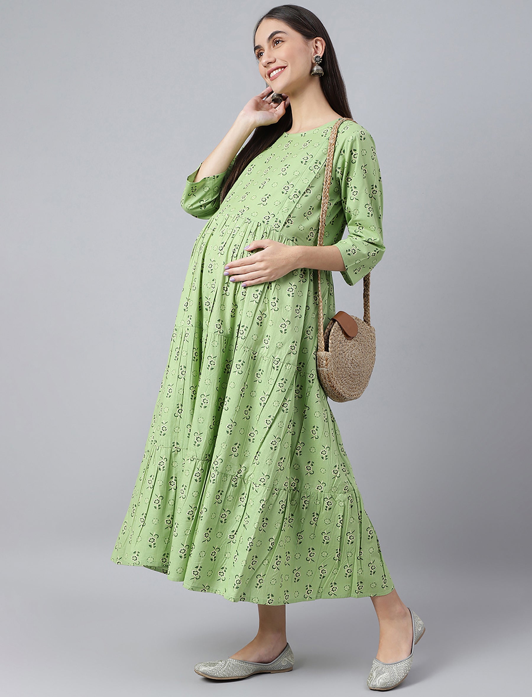 Dark Green Butti Printed Cotton Maternity/Feeding Gown