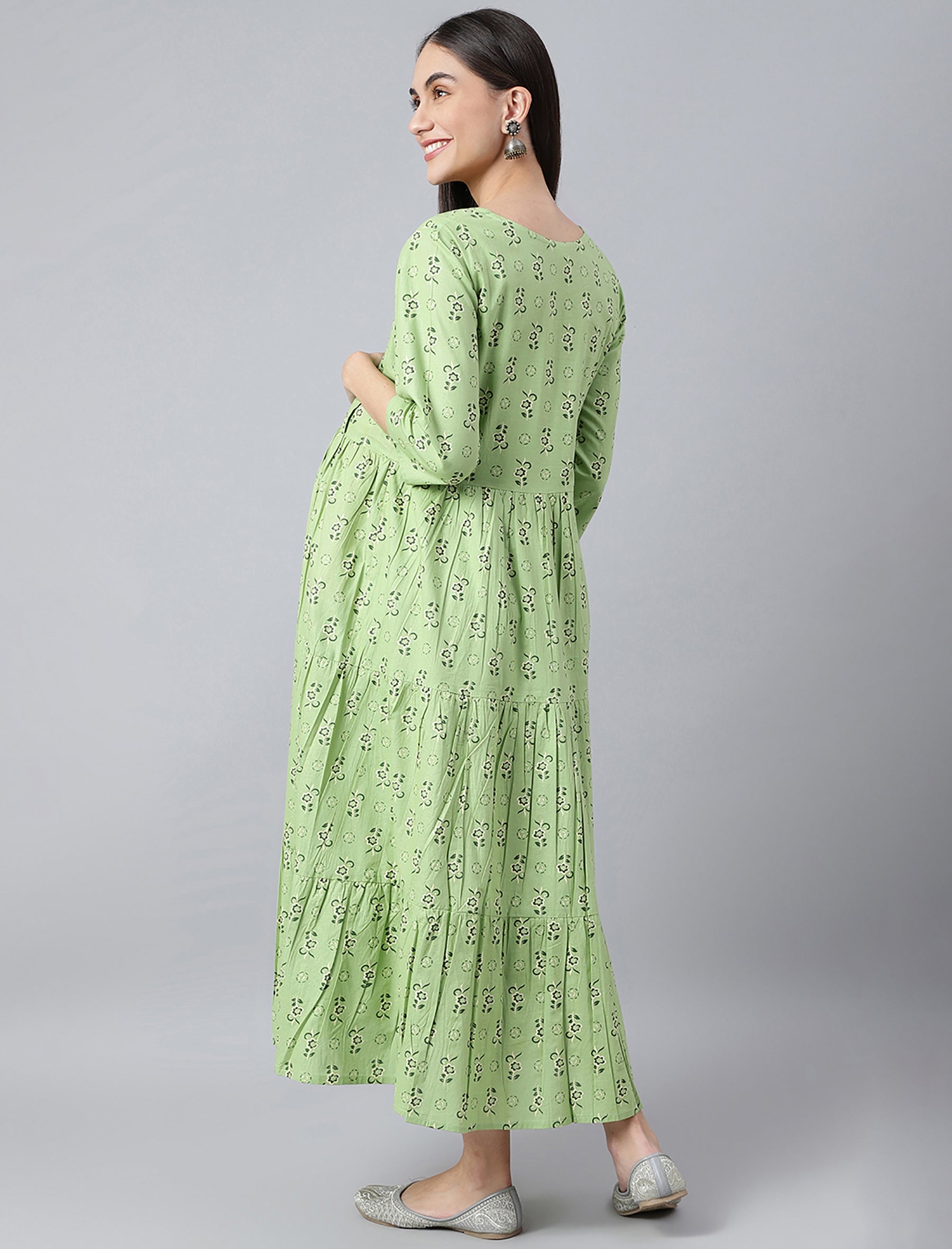 Dark Green Butti Printed Cotton Maternity/Feeding Gown