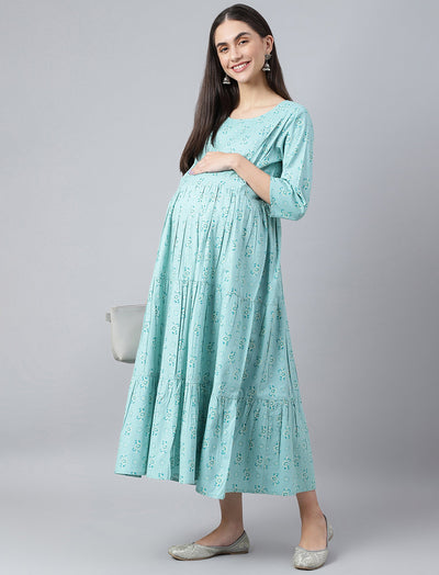 Dark Firozi Butti Printed Cotton Maternity/Feeding Gown